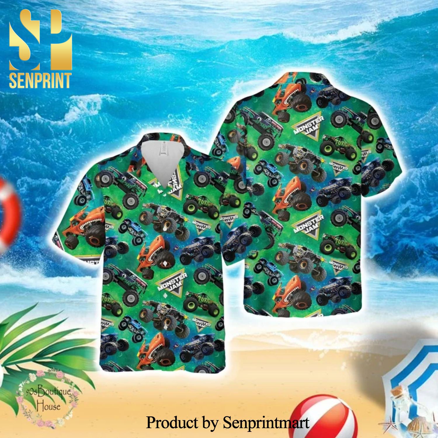 Jam Monster Trucks Full Printing Hawaiian Shirt – Green