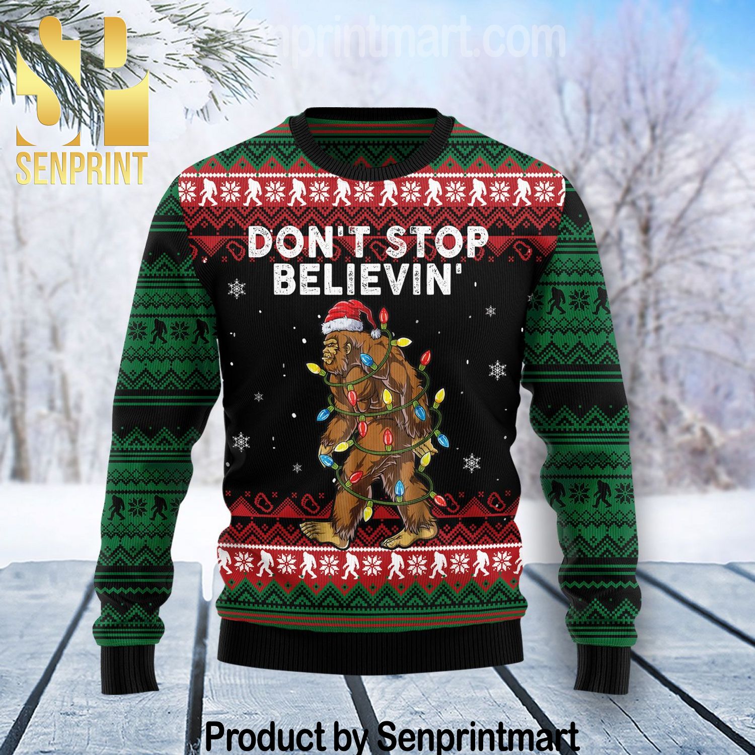 Bigfoot Don’t Stop Believing All Over Print Wool Blend Sweater