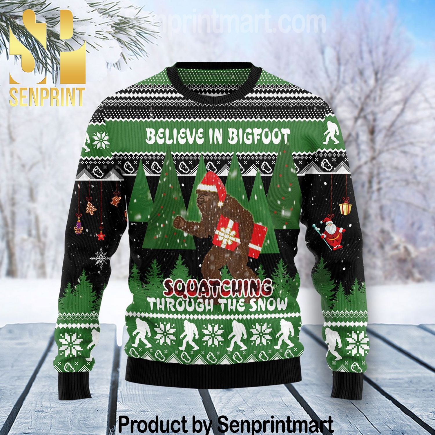 Bigfoot Through Snow Chirtmas Gifts Full Printing Wool Knitted Ugly Christmas Sweater