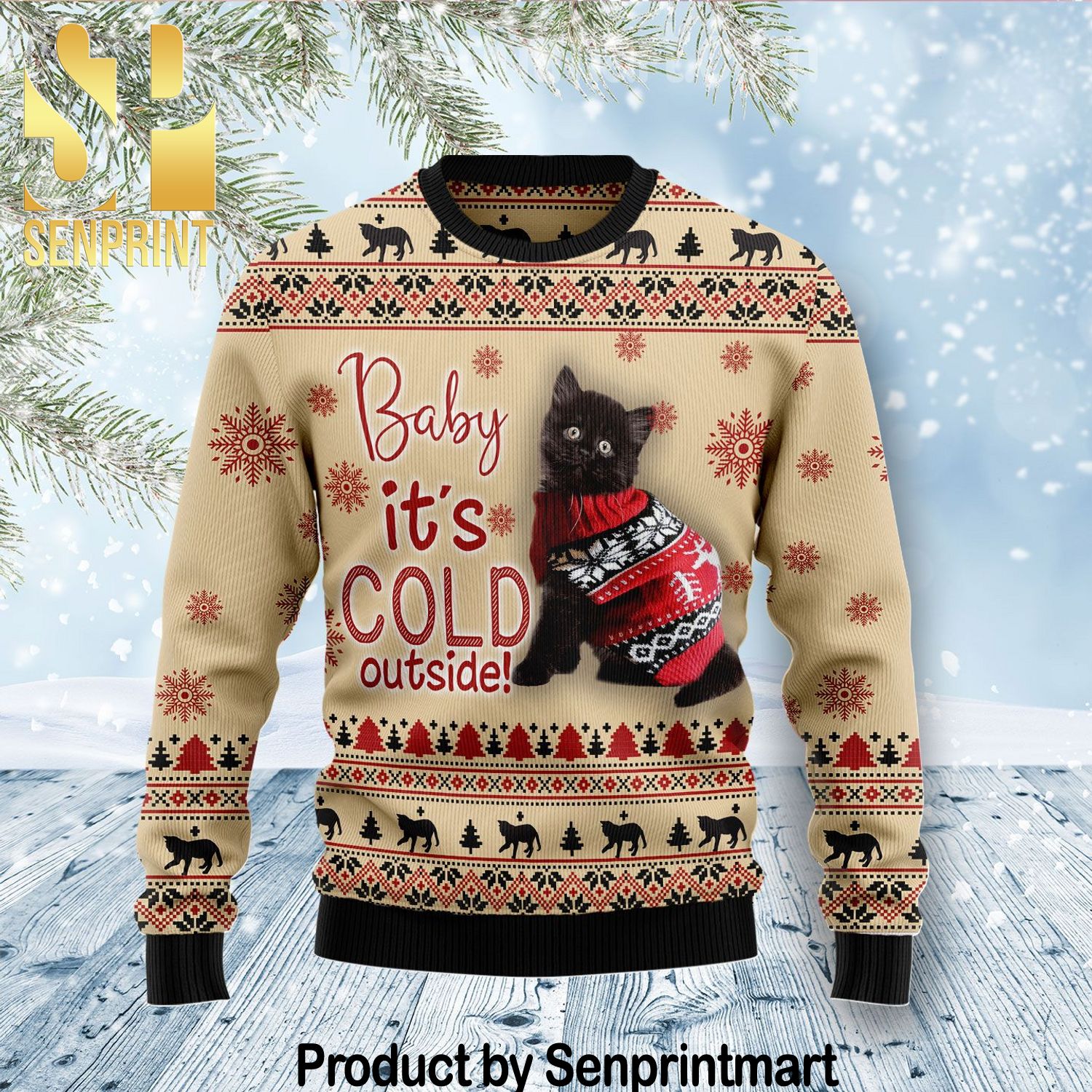 Black Cat Baby Holiday Time All Over Print Knitting Pattern Ugly Christmas Sweater