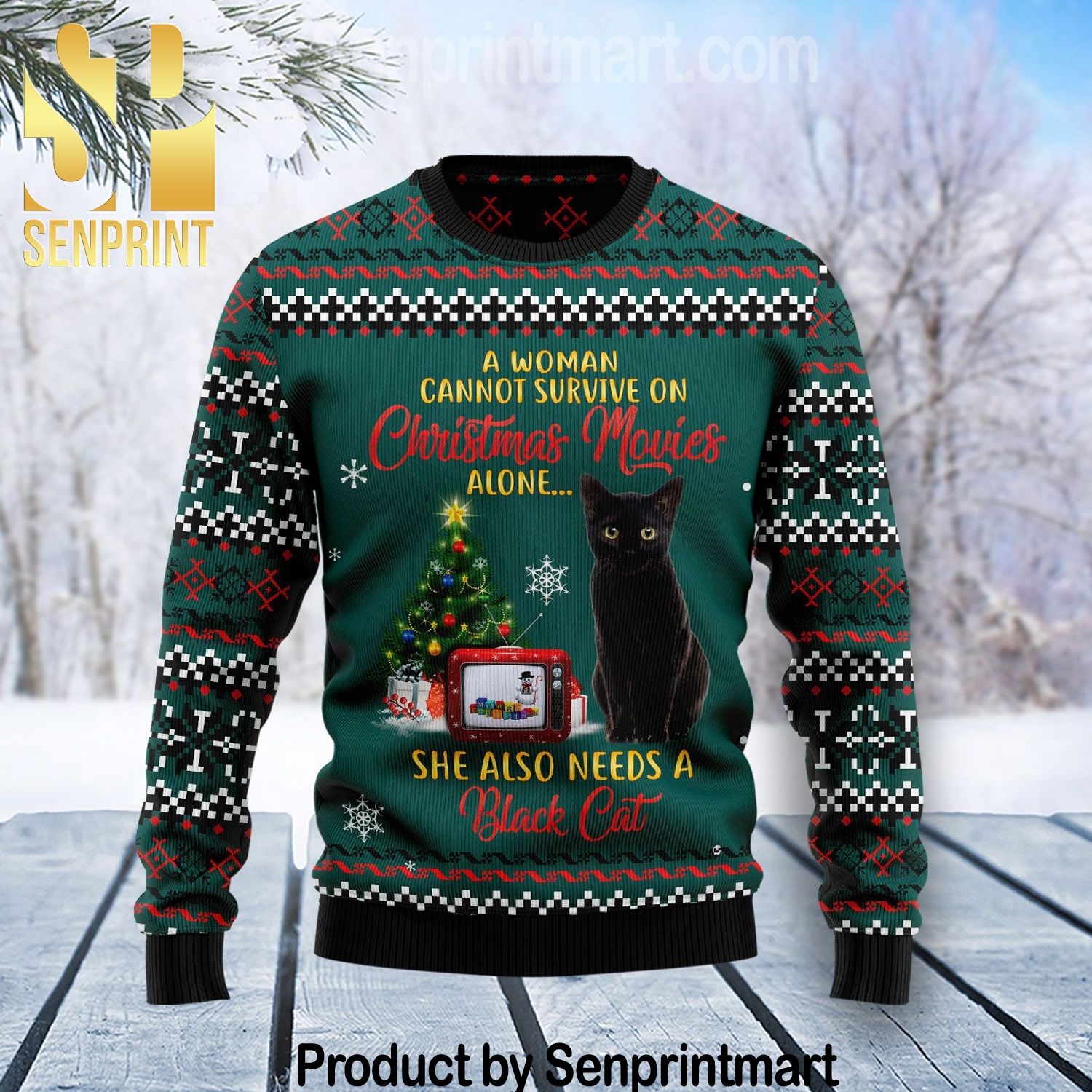 Black Cat Christmas Movie All Over Print Wool Blend Sweater