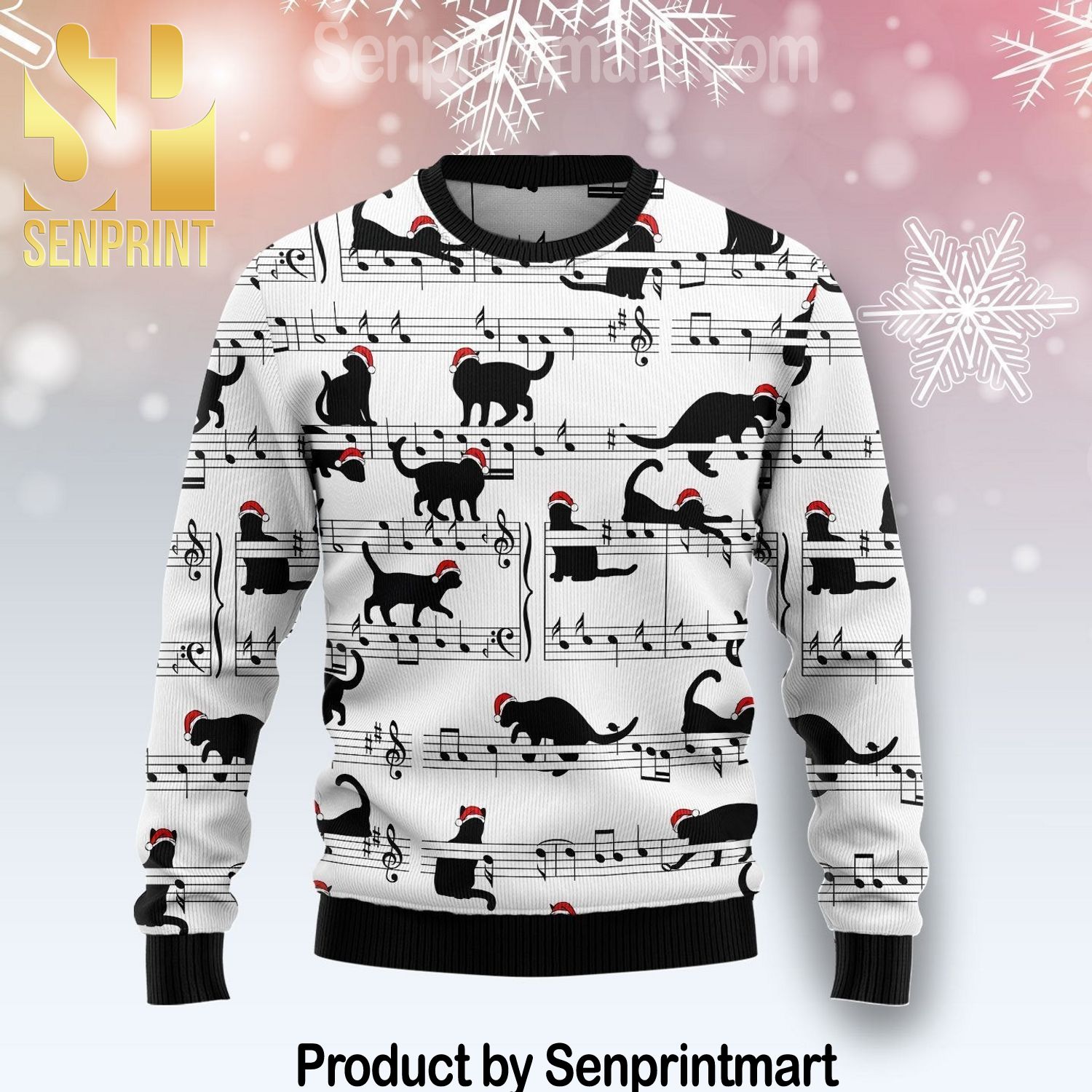 Black Cat Christmas Music Xmas Gifts Full Printed Wool Ugly Christmas Sweater
