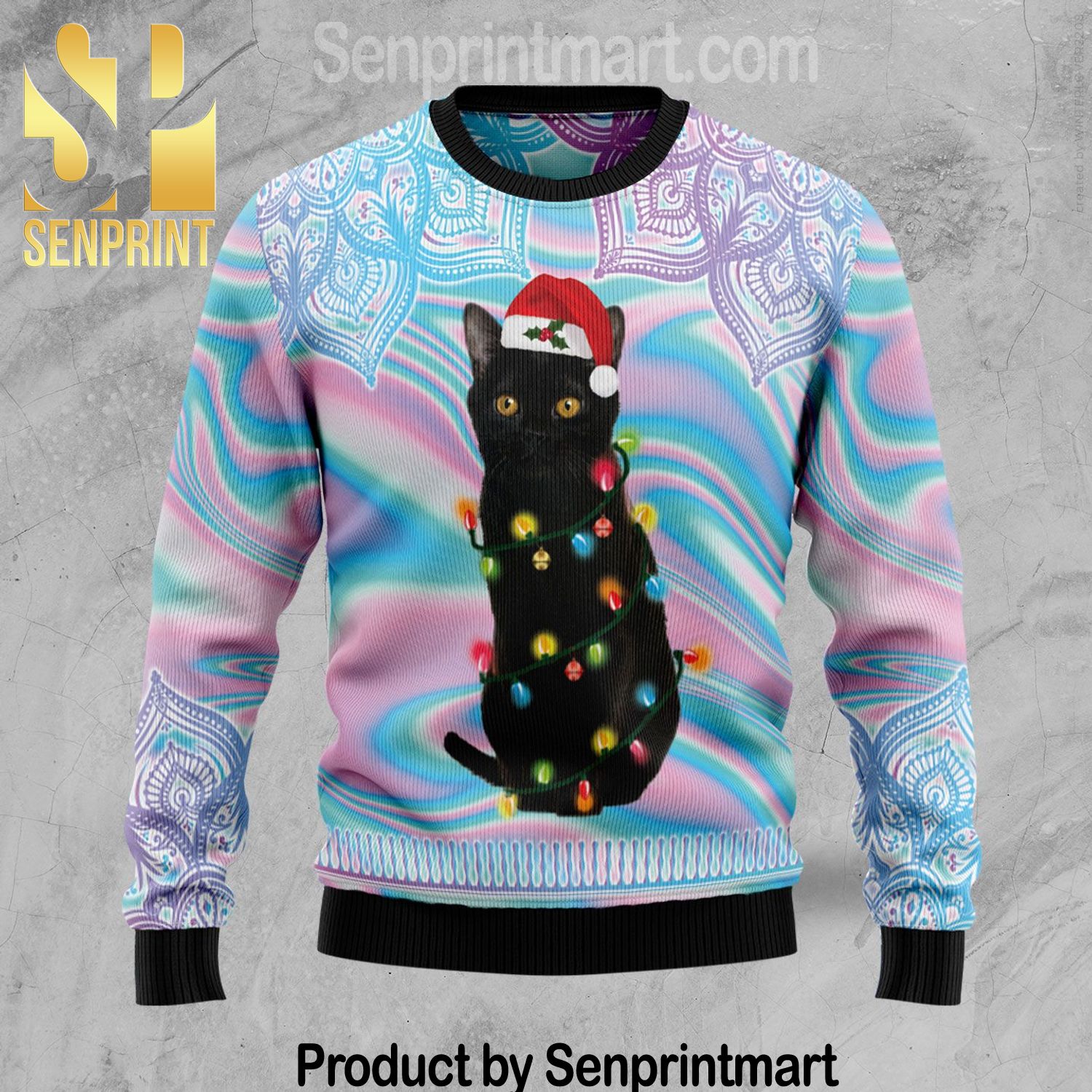 Black Cat Hologram Pattern Xmas Gifts Wool Knitted Sweater