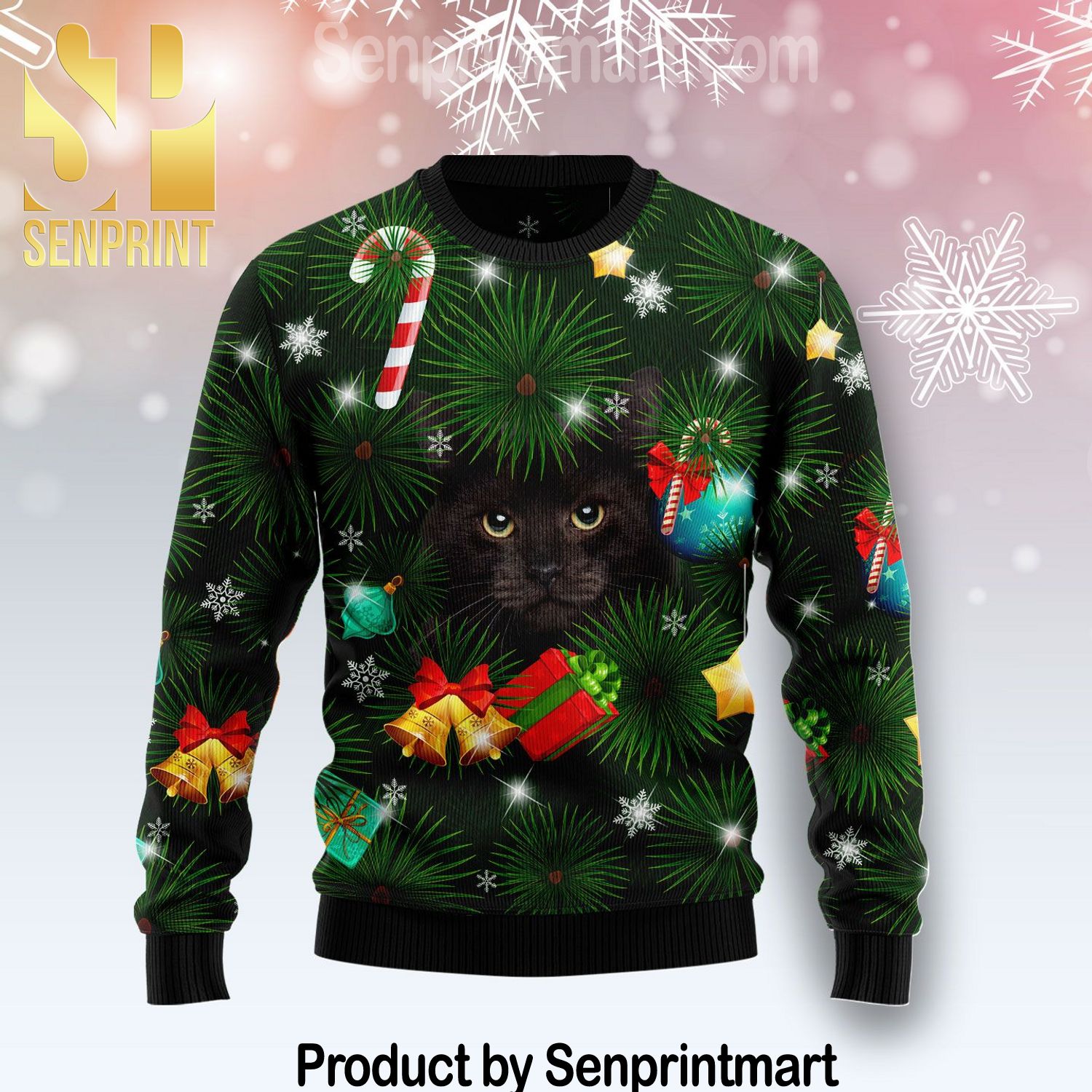 Black Cat Inside Tree Full Print Ugly Christmas Sweater