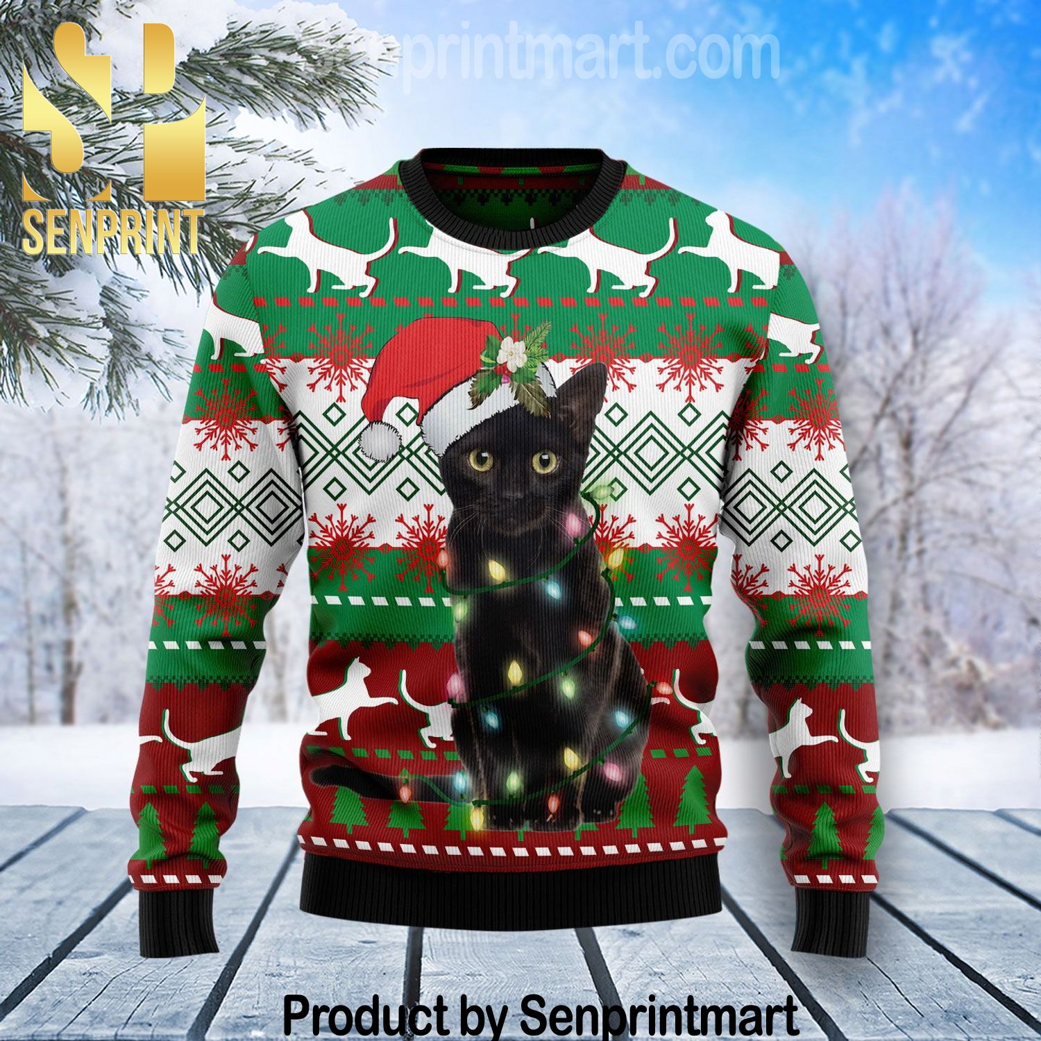 Black Cat Light Christmas Chirtmas Gifts Full Printing Wool Knitted Ugly Christmas Sweater