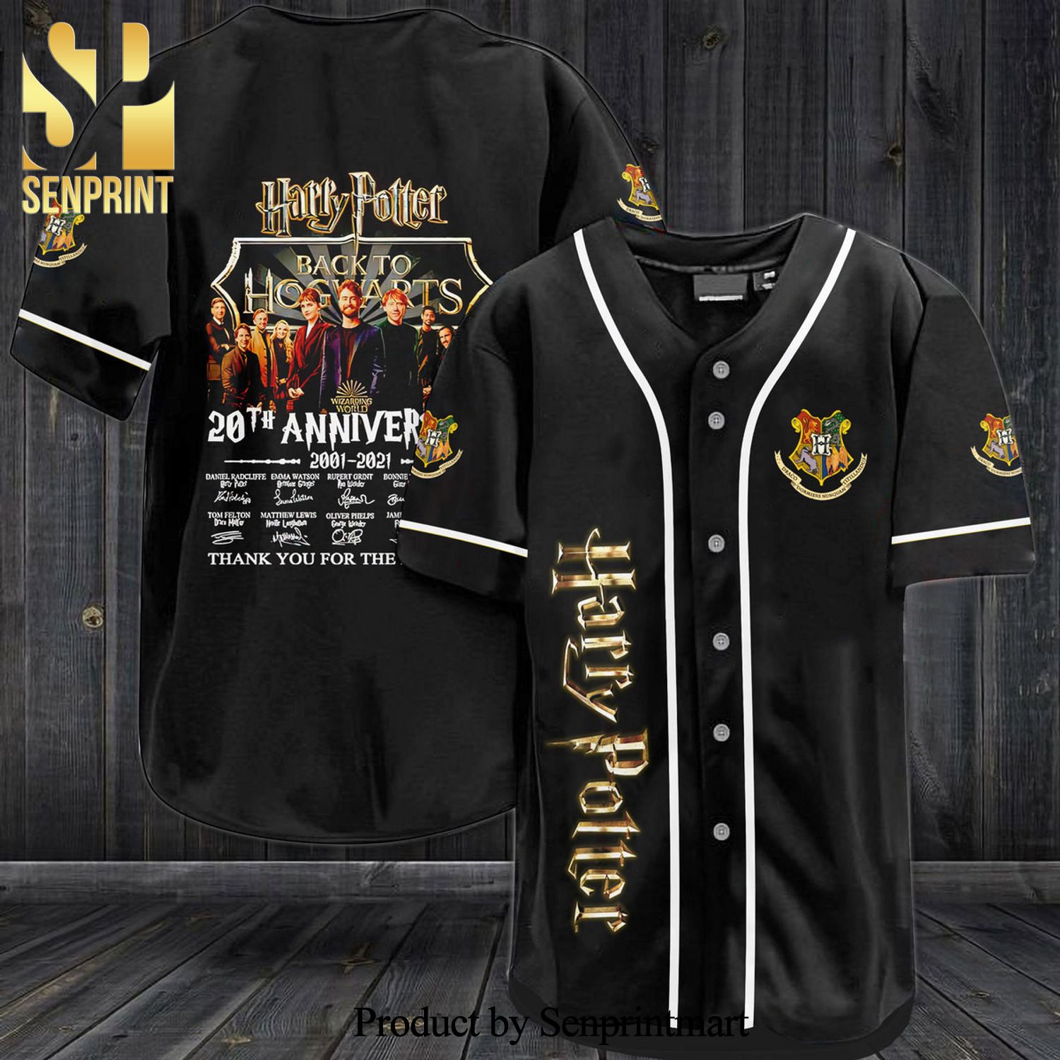 Harry Potter Characters Signature 20th Anniversary Hogwarts All Over Print Unisex Baseball Jersey – Black