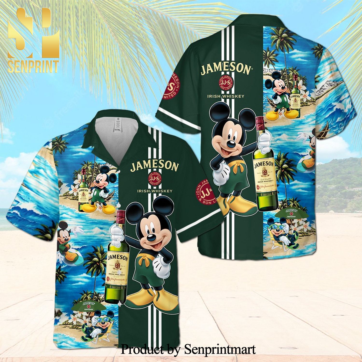 Jameson Irish Whiskey Mickey Mouse Full Printing Aloha Summer Beach Hawaiian Shirt And Beach Shorts – Green