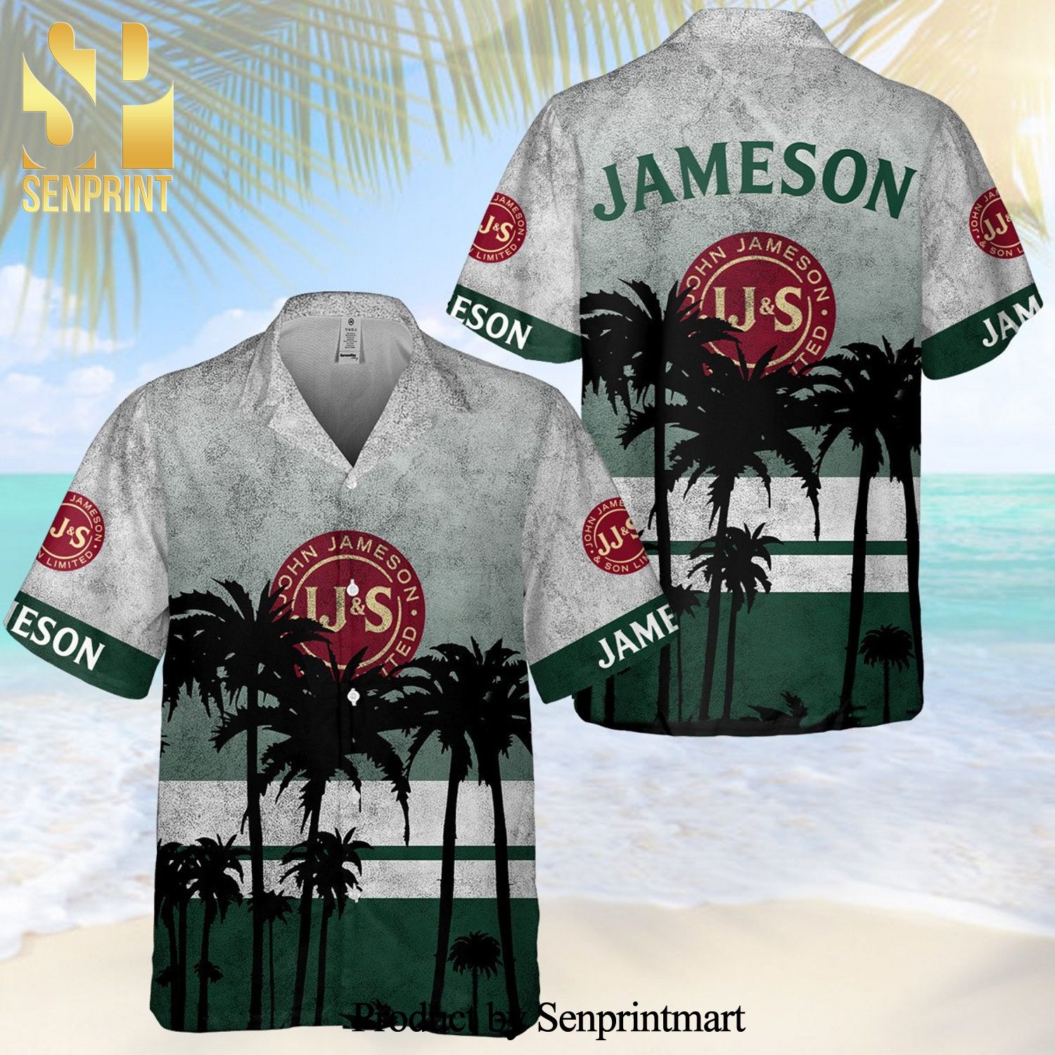 Jameson Irish Whiskey Palm Tree Full Printing Aloha Summer Beach Hawaiian Shirt – White Green