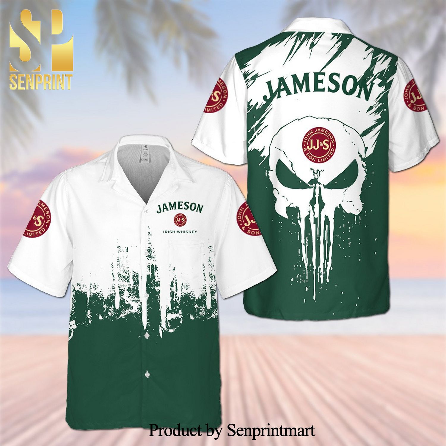 Jameson Irish Whiskey Skull Full Printing Aloha Summer Beach Hawaiian Shirt – White Dark Green