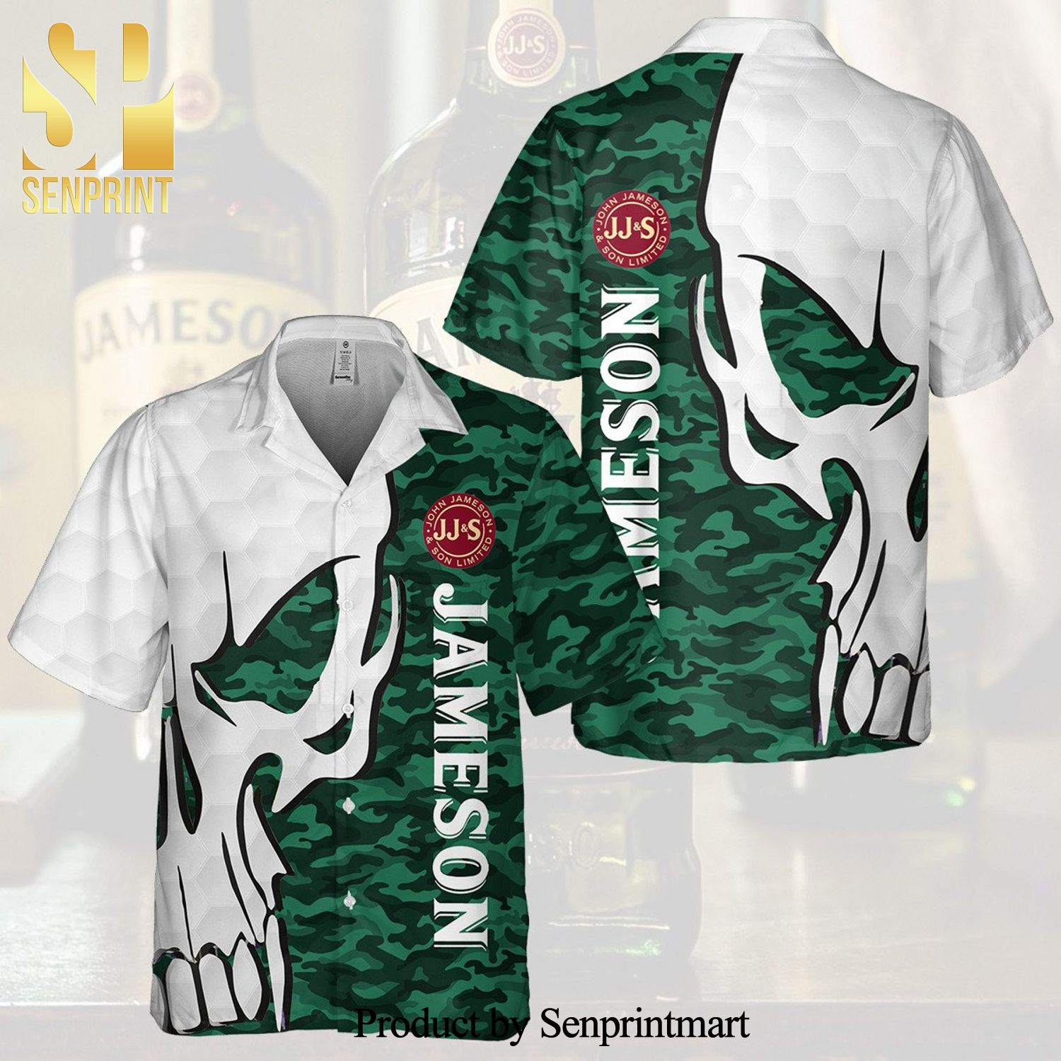 Jameson Irish Whiskey Skull Pattern Full Printing Camo Aloha Summer Beach Hawaiian Shirt – White Green