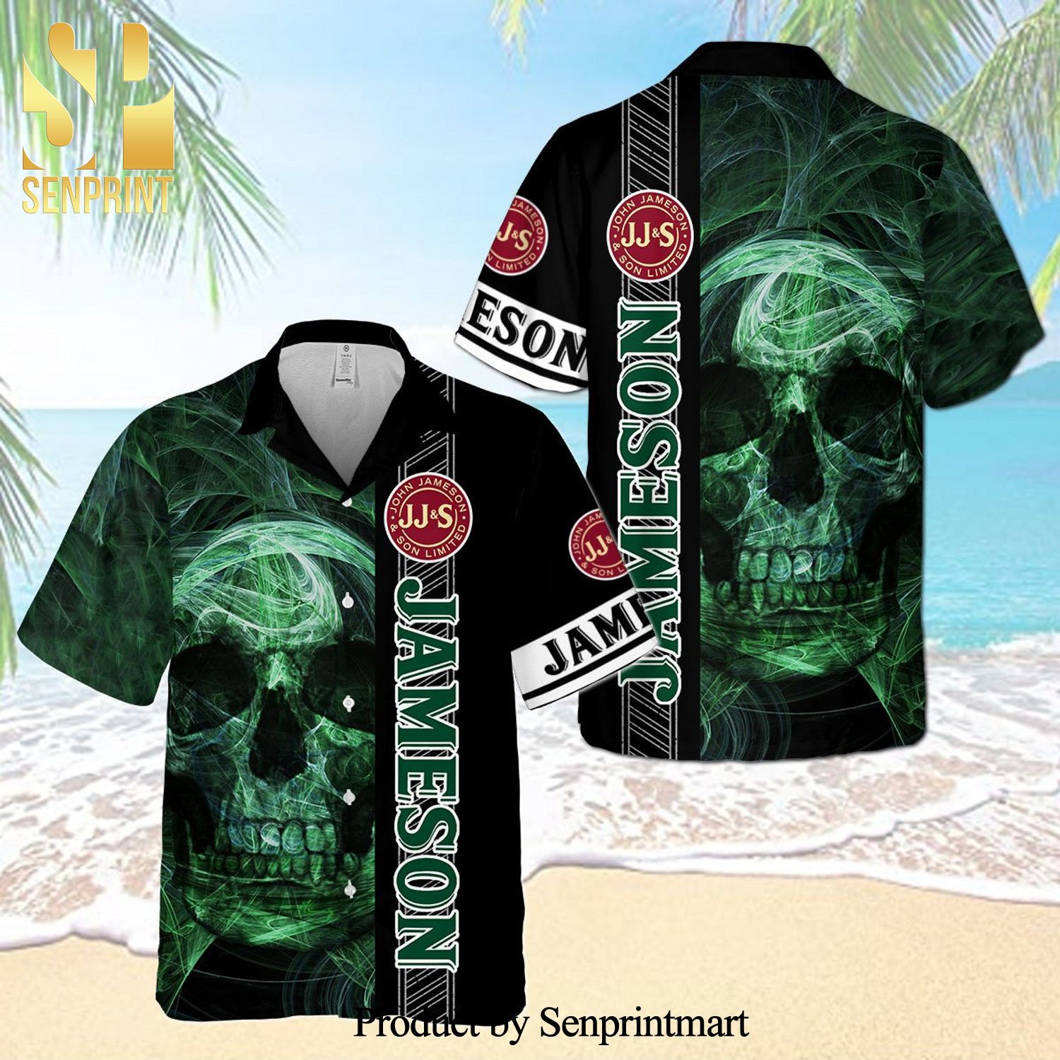 Jameson Irish Whiskey Smoky Green Skull Full Printing Aloha Summer Beach Hawaiian Shirt – Black