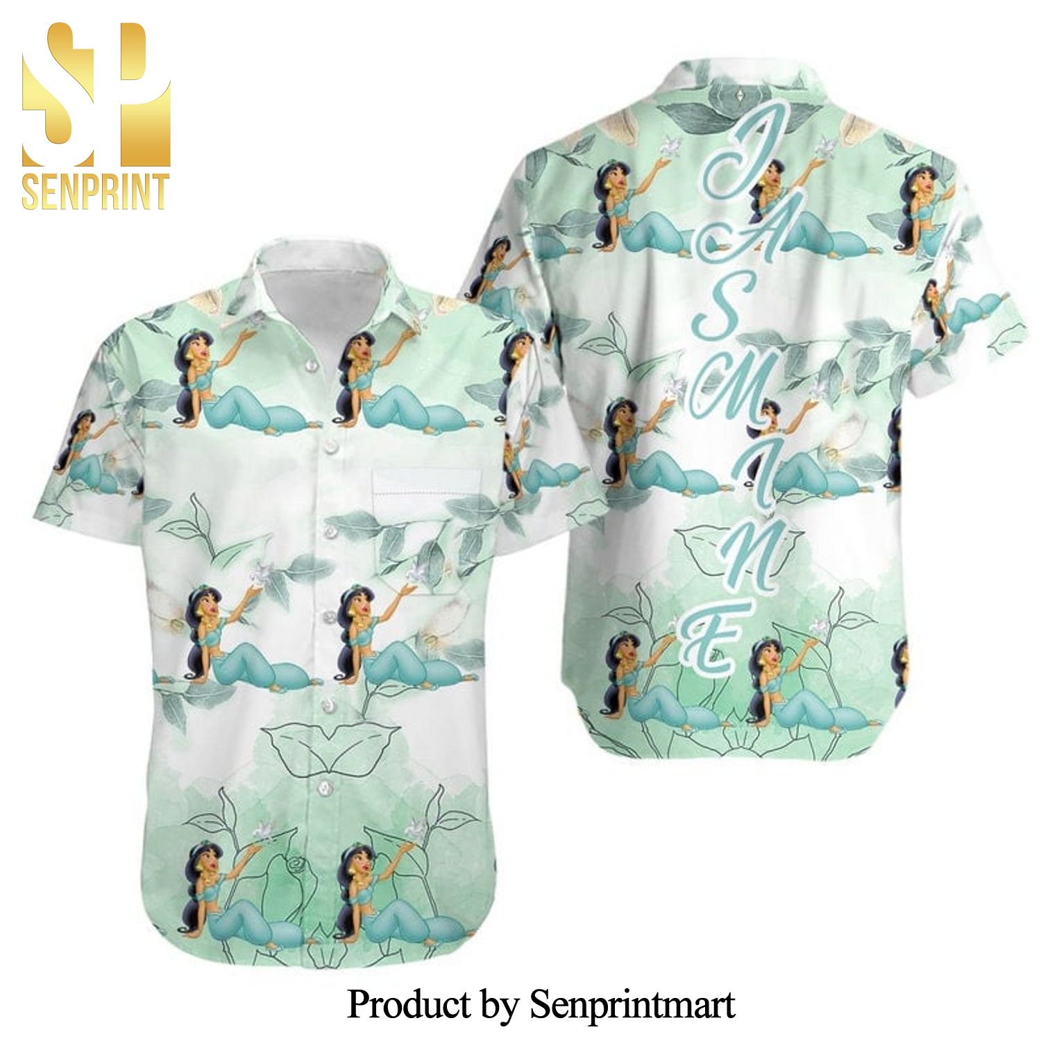 Jasmine Princess Clear White Leaf Pattern Disney Aladdin Full Printing Hawaiian Shirt