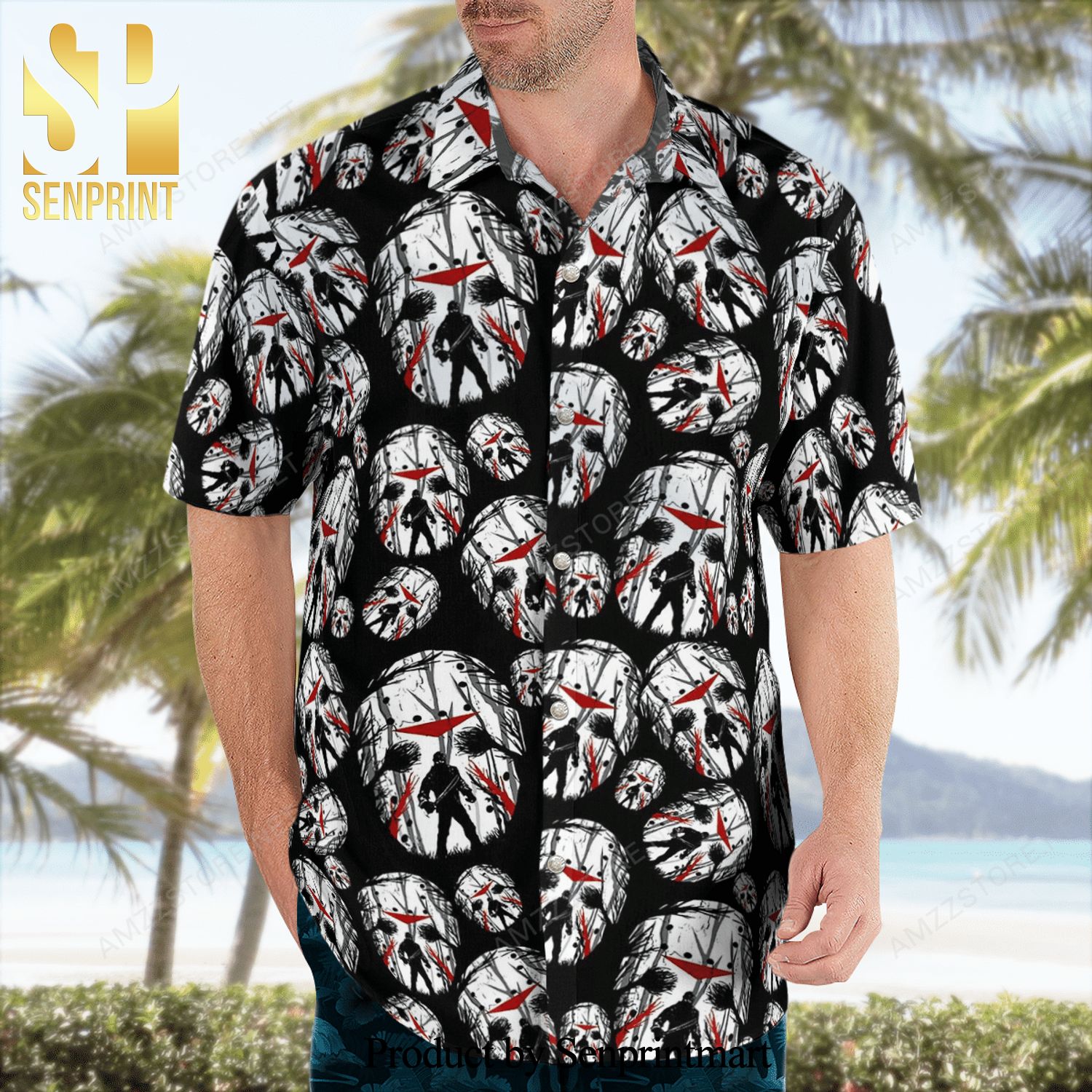 Jason Voorhees Face Mask Full Printing Hawaiian Shirt – Black White