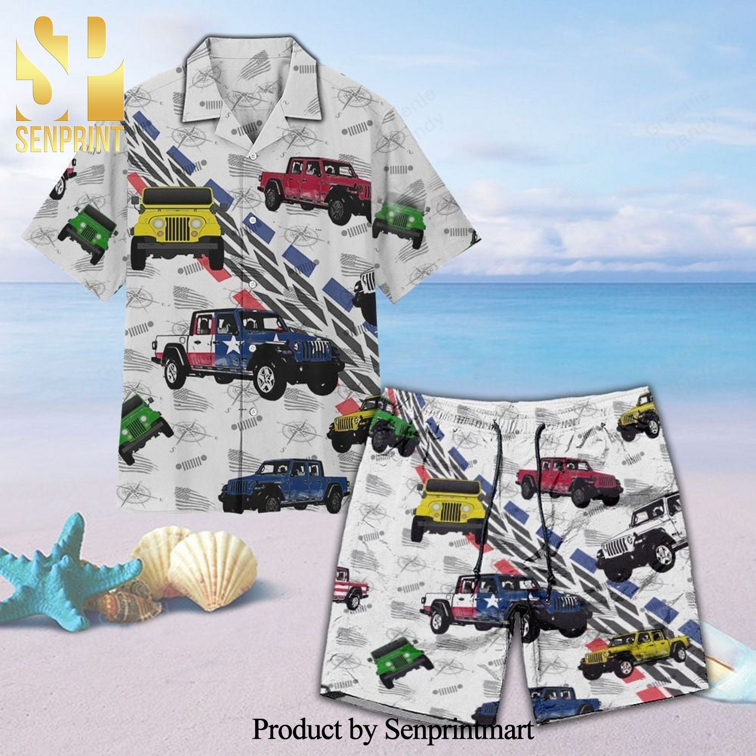 Jeep Full Printing Unisex Hawaiian Shirt And Beach Short – White