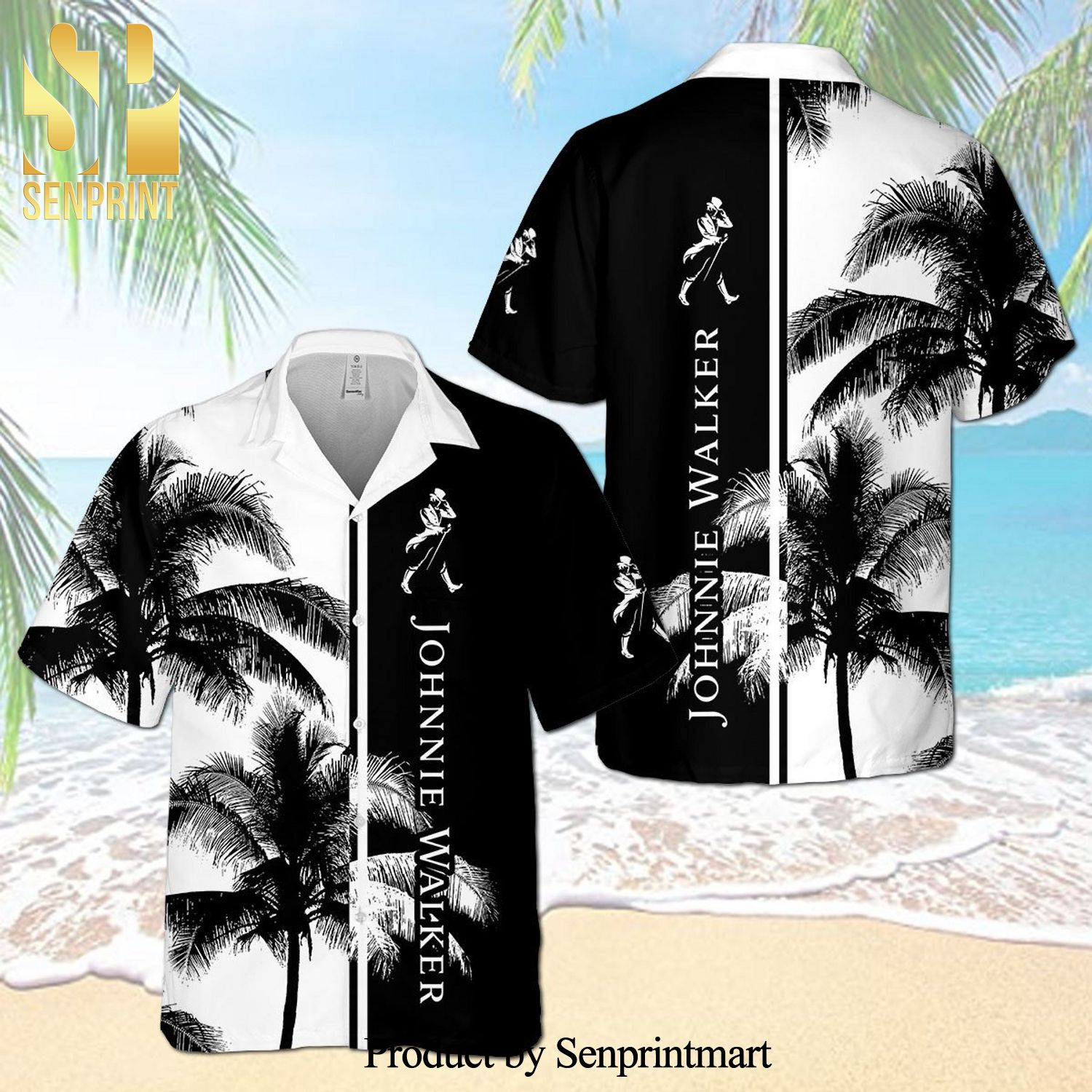 Johnnie Walker Palm Tree Full Printing Aloha Summer Beach Hawaiian Shirt – Black White