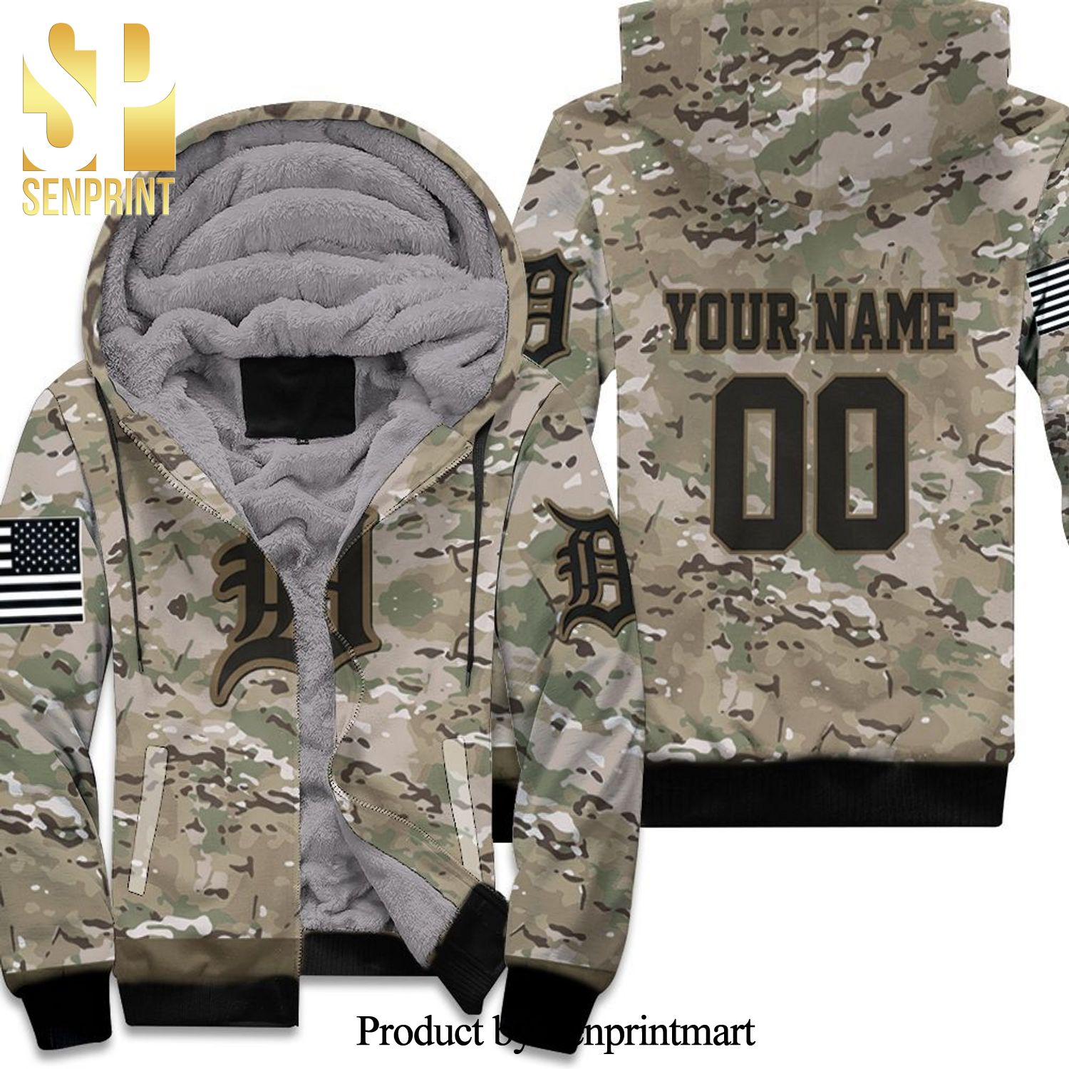 Detroit Tigers Camouflage Veteran Personalized Olive Street Style All Over Print Unisex Fleece Hoodie