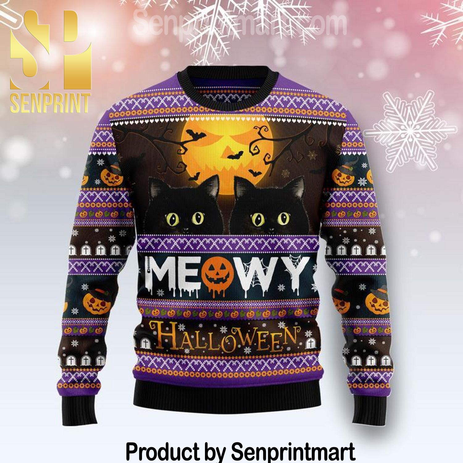 Black Cat Meowy Halloween Xmas Time Ugly Christmas Wool Knitted Sweater