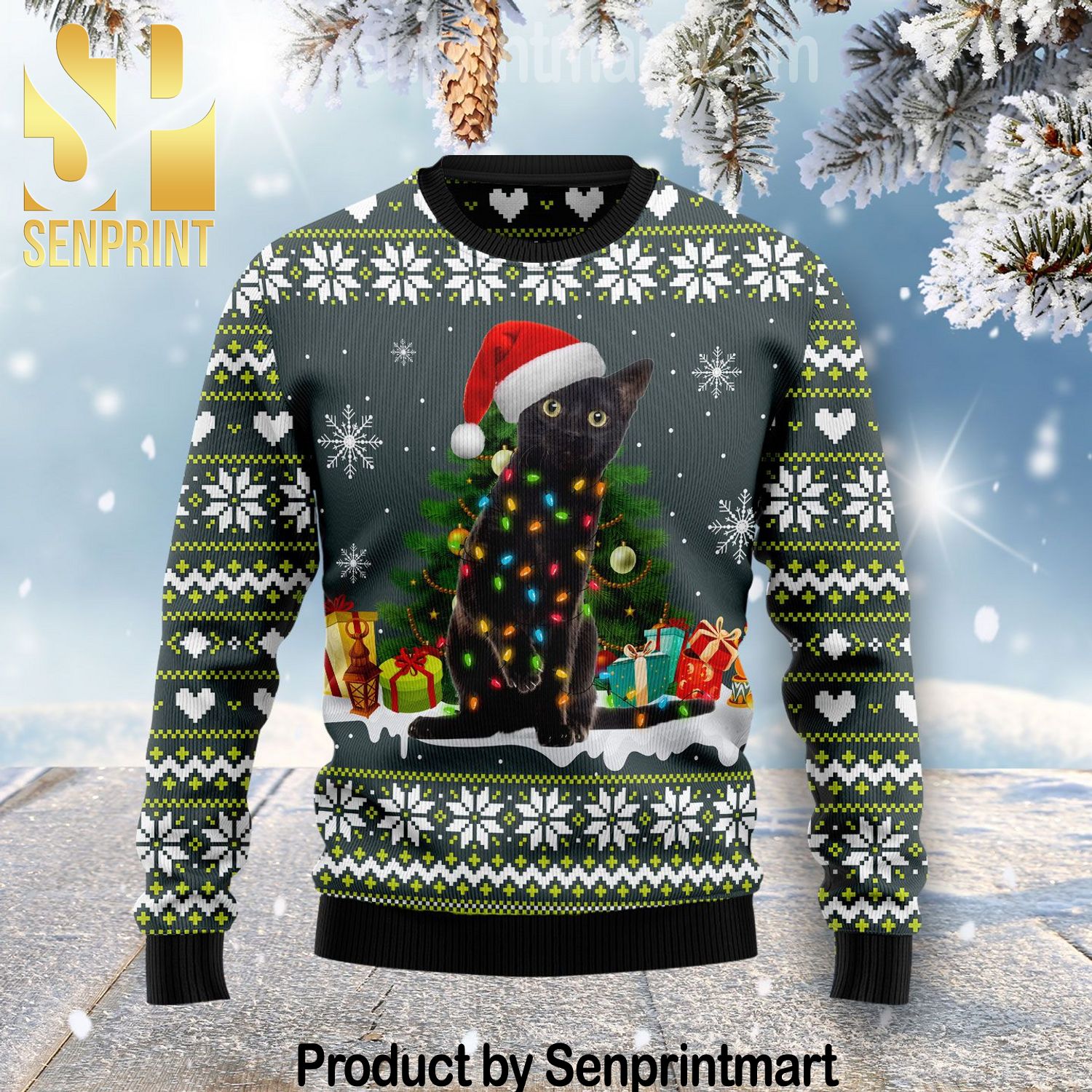 Black Cat Merry And Bright Chirtmas Gifts Full Printing Wool Knitted Ugly Christmas Sweater