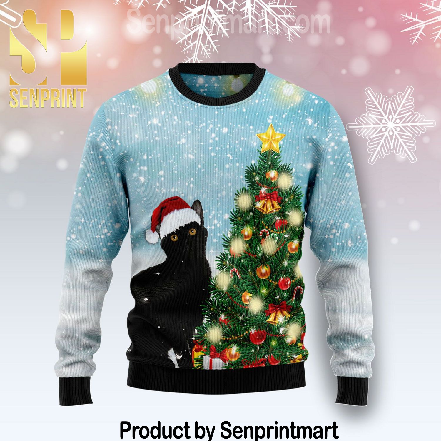 Black Cat Noel Tree Pattern Knit Christmas Sweater