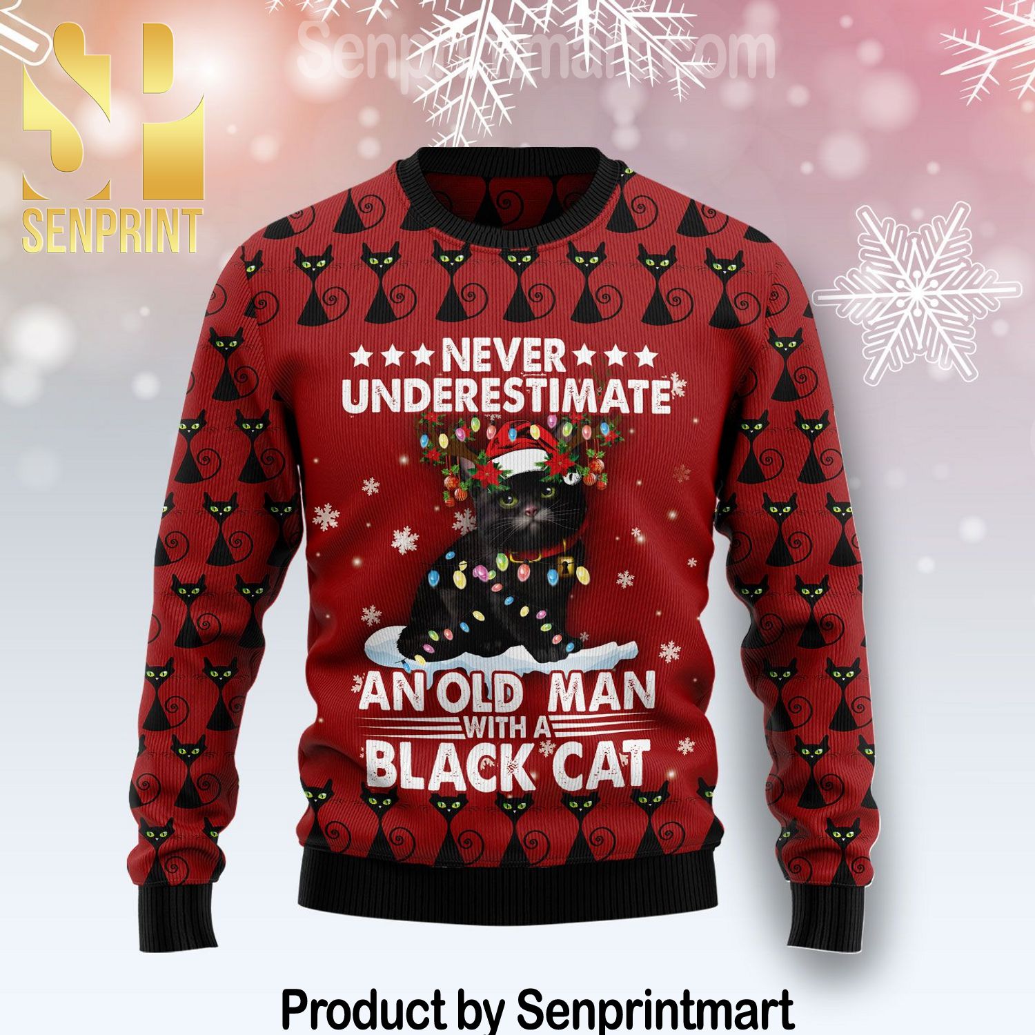Black Cat Old Man Full Printed Ugly Wool Sweater