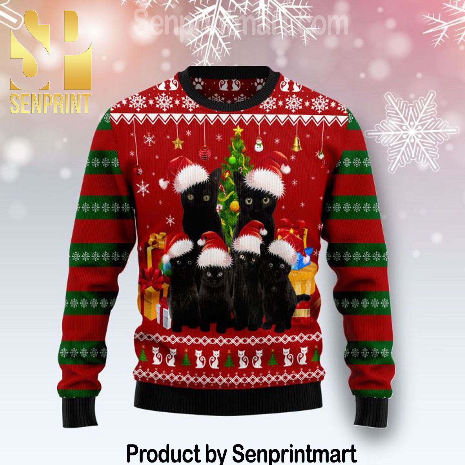 Black Cat Pattern Knit Christmas Sweater