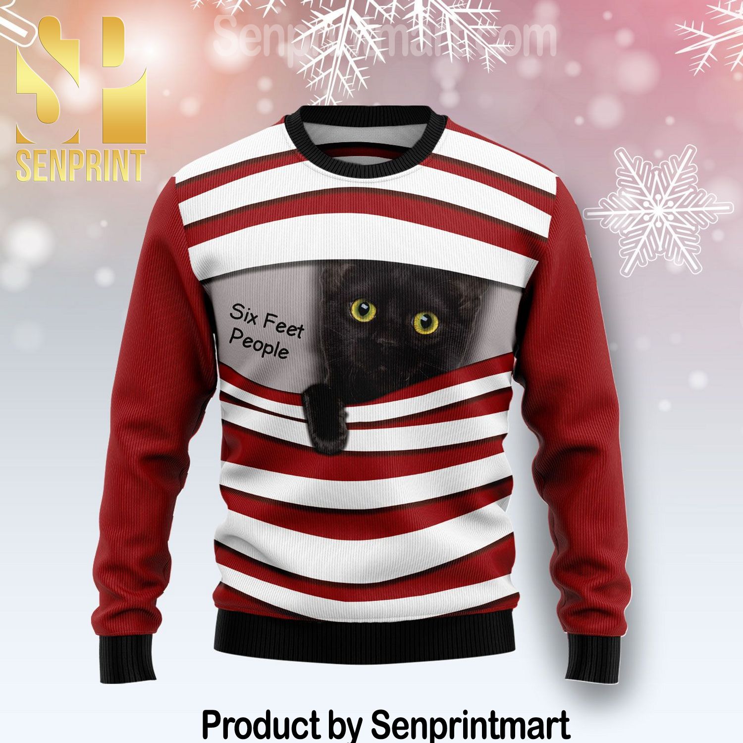 Black Cat Six Feet Pattern Knit Christmas Sweater