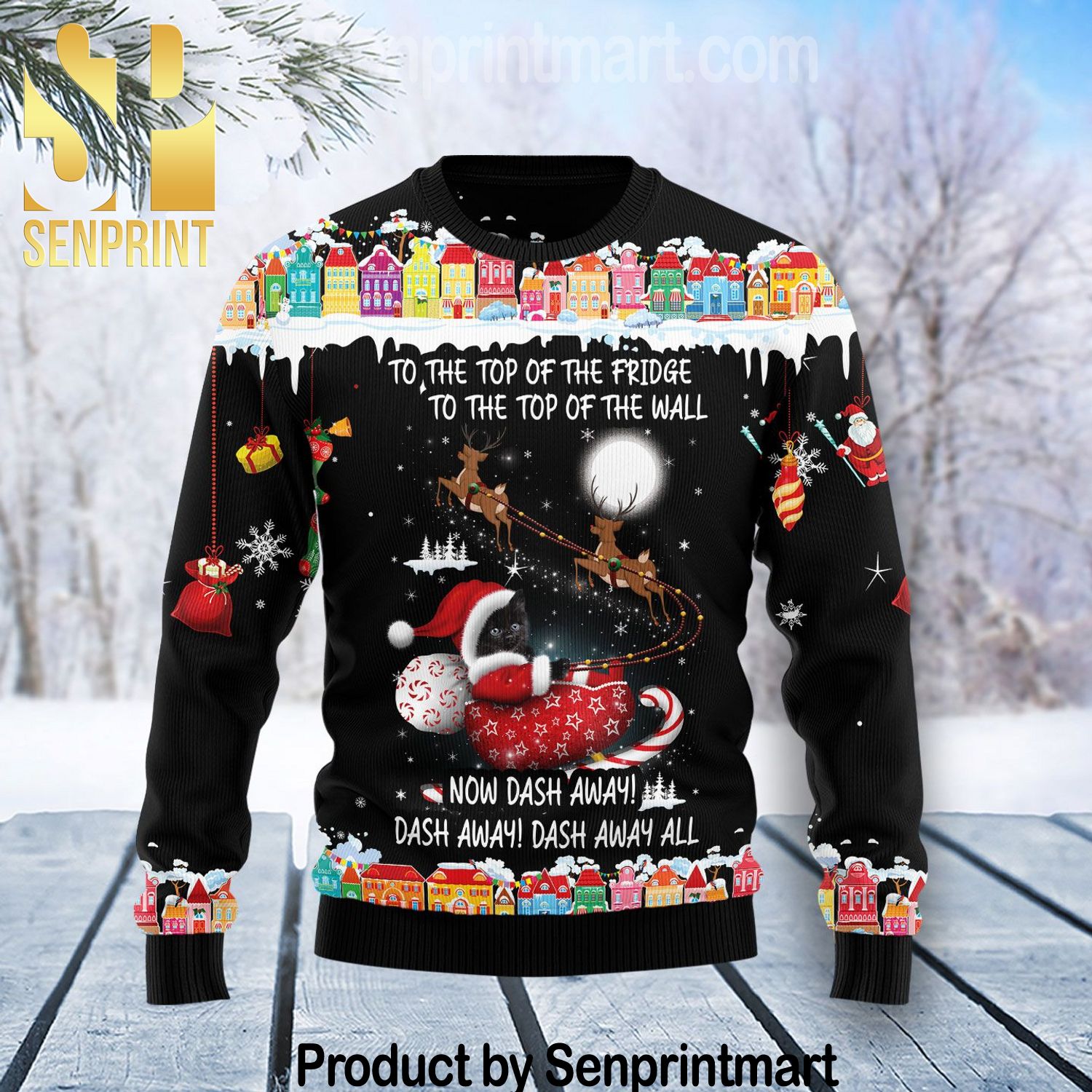 Black Cat Sleigh Christmas 3D Holiday Knit Sweater