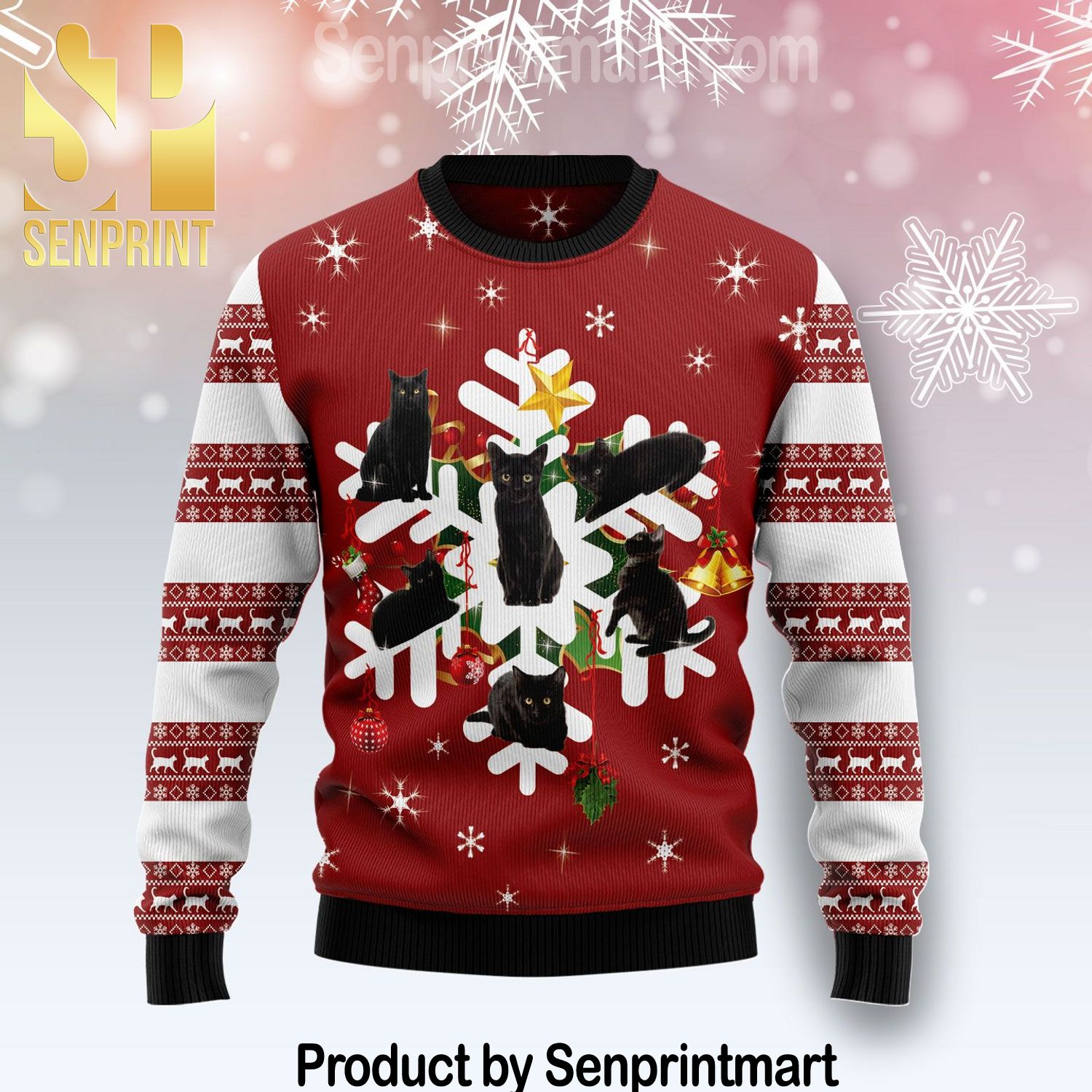 Black Cat Snowflake Full Printing Ugly Xmas Sweater