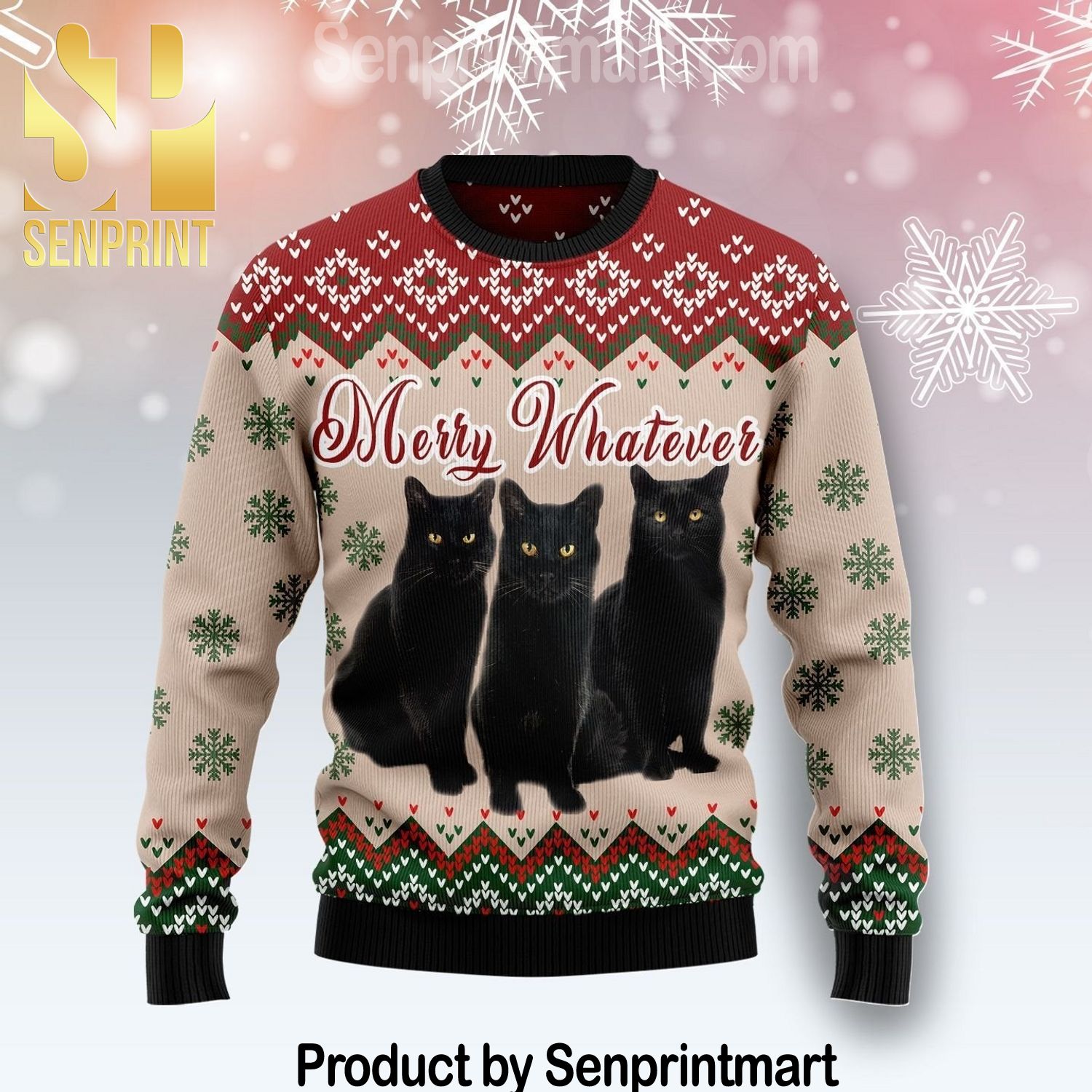 Black Cat Vintage Flower Full Print Ugly Christmas Sweater