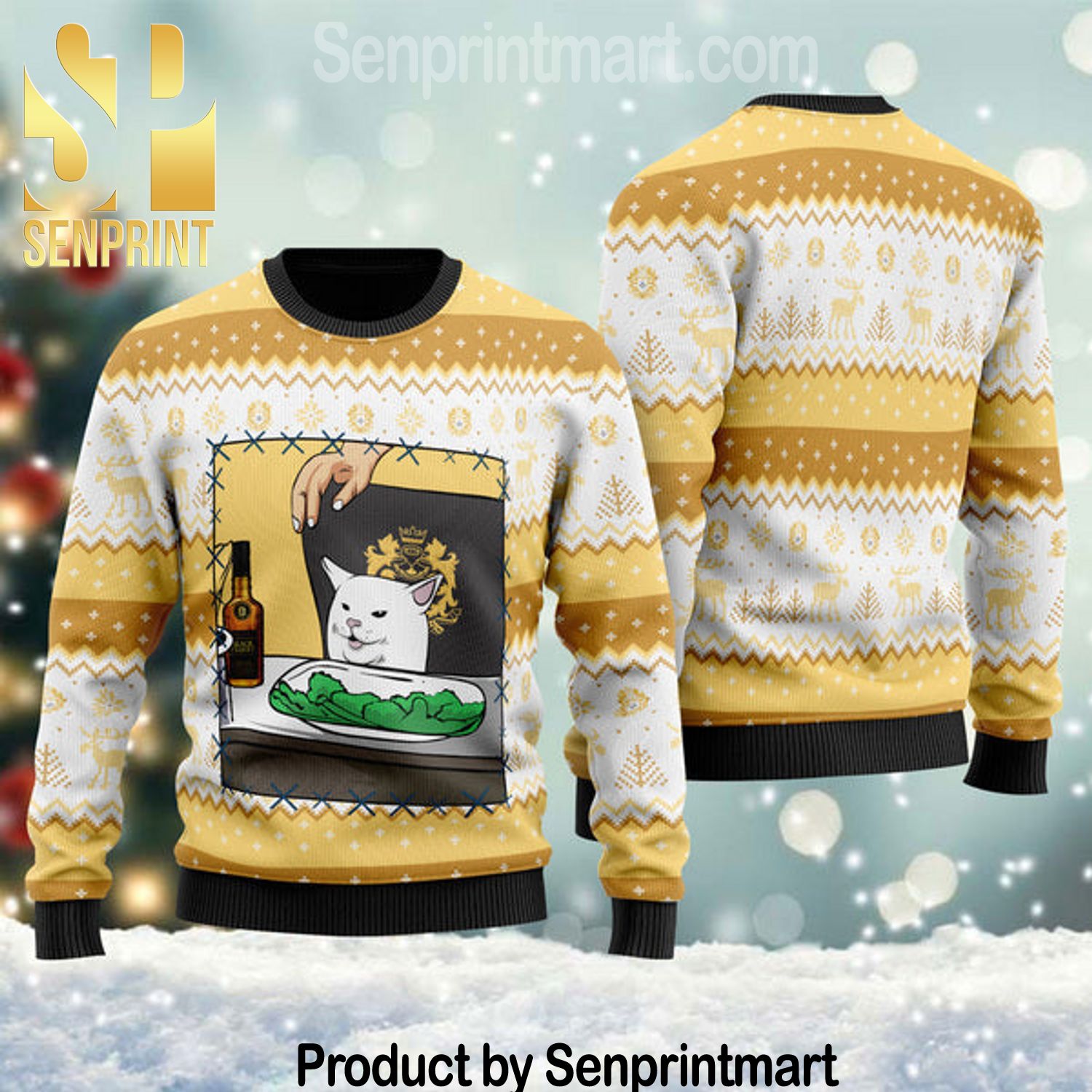 Black Velvet Whisky Cat Meme Holiday Time Christmas Wool Knitted Sweater
