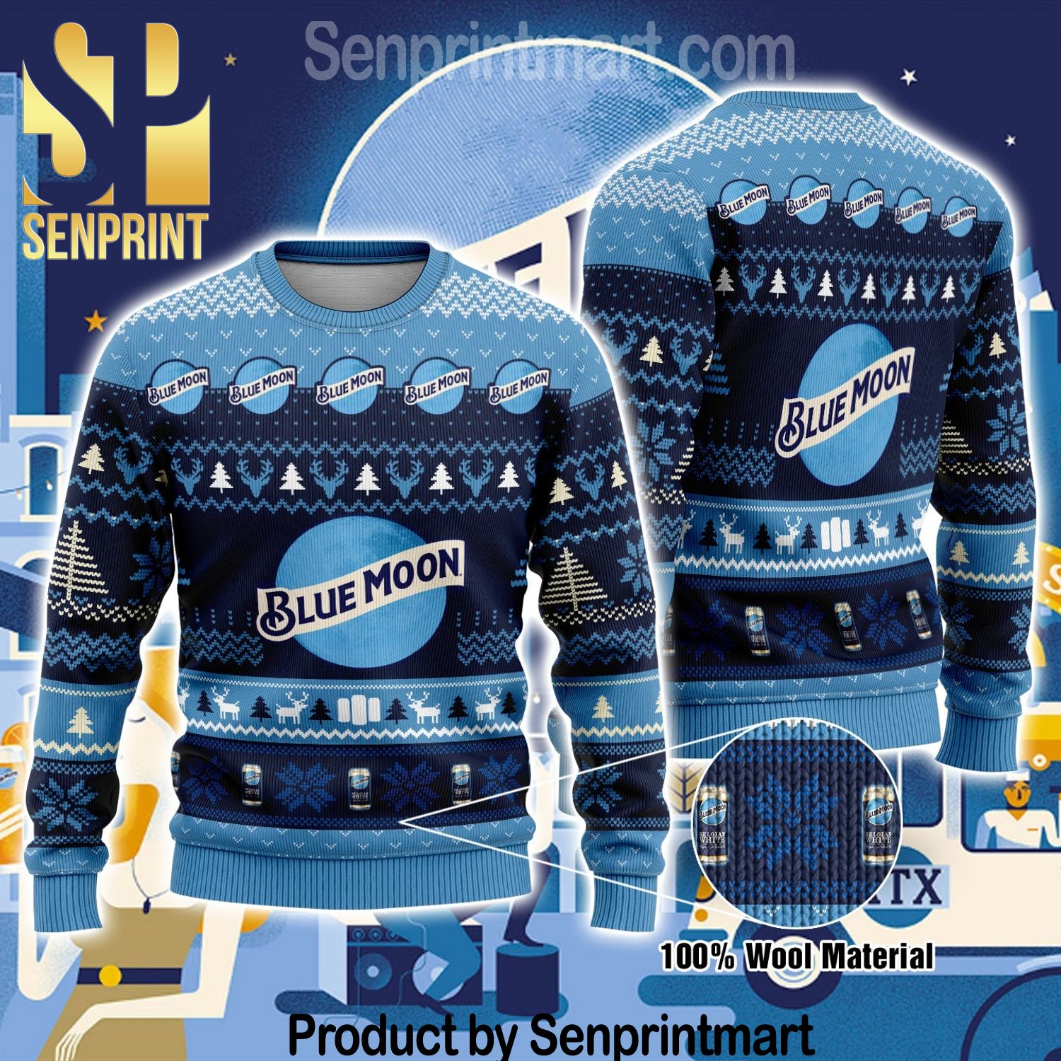 Blue Moon Beer Holiday Gifts Full Print Wool Knitted Ugly Christmas Sweater