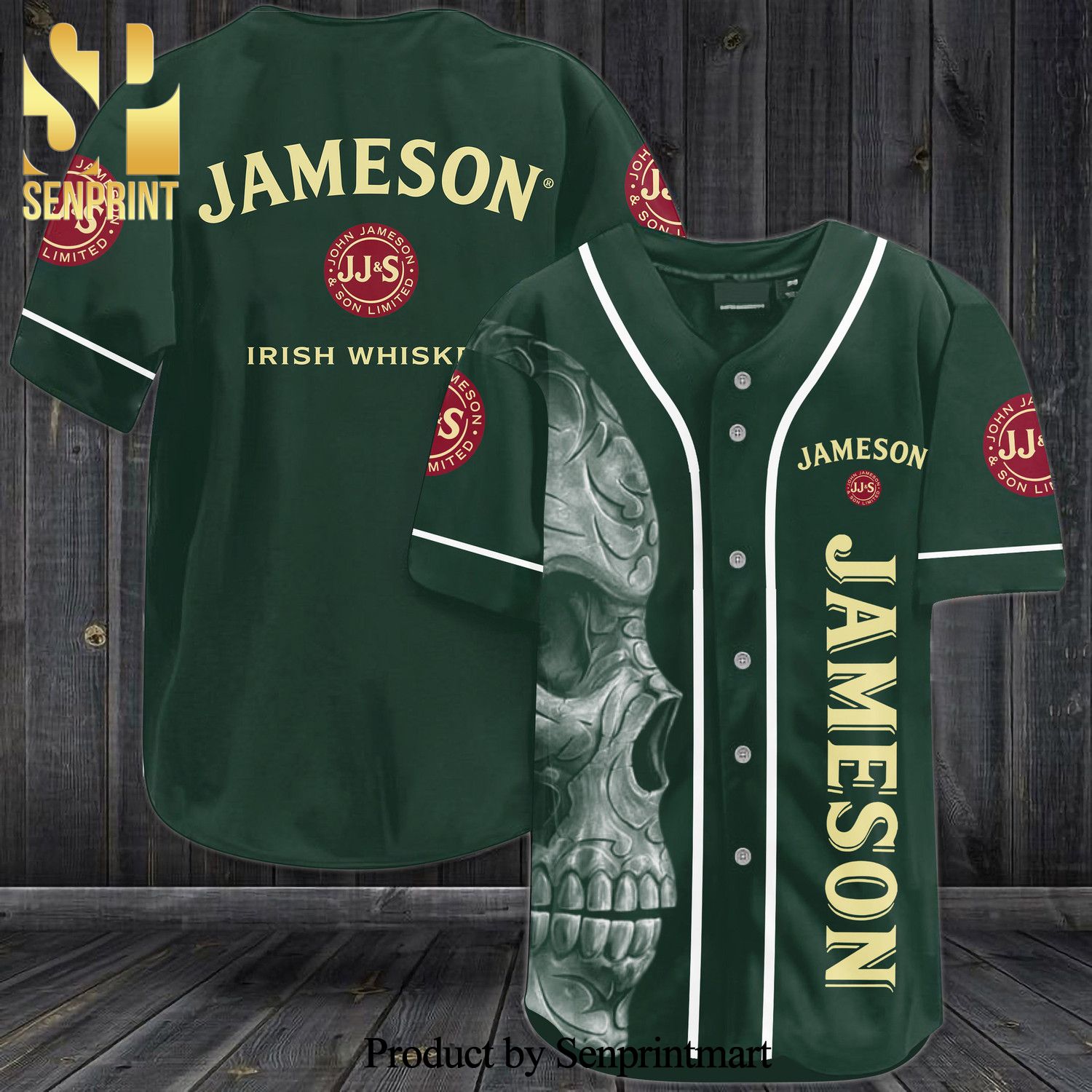 Jameson Skull All Over Print Baseball Jersey – Green