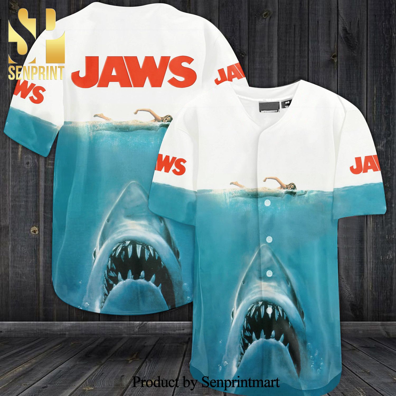 Jaws Movie Full Printing Unisex Baseball Jersey – Blue White