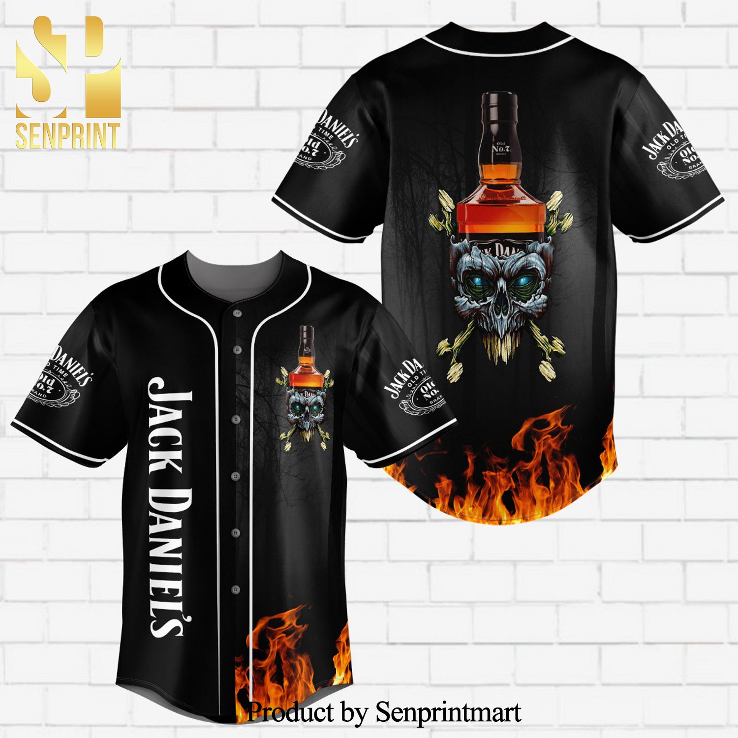 JD Flowery Skull Fire Full Printing Unisex Baseball Jersey – Black