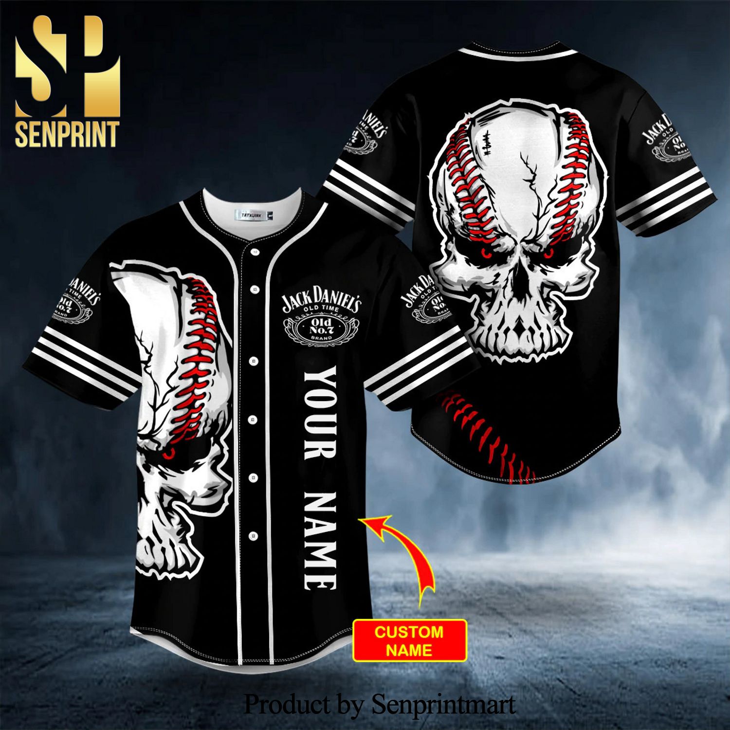 JD Old No 7 Skull All Over Print Unisex Baseball Jersey – Black