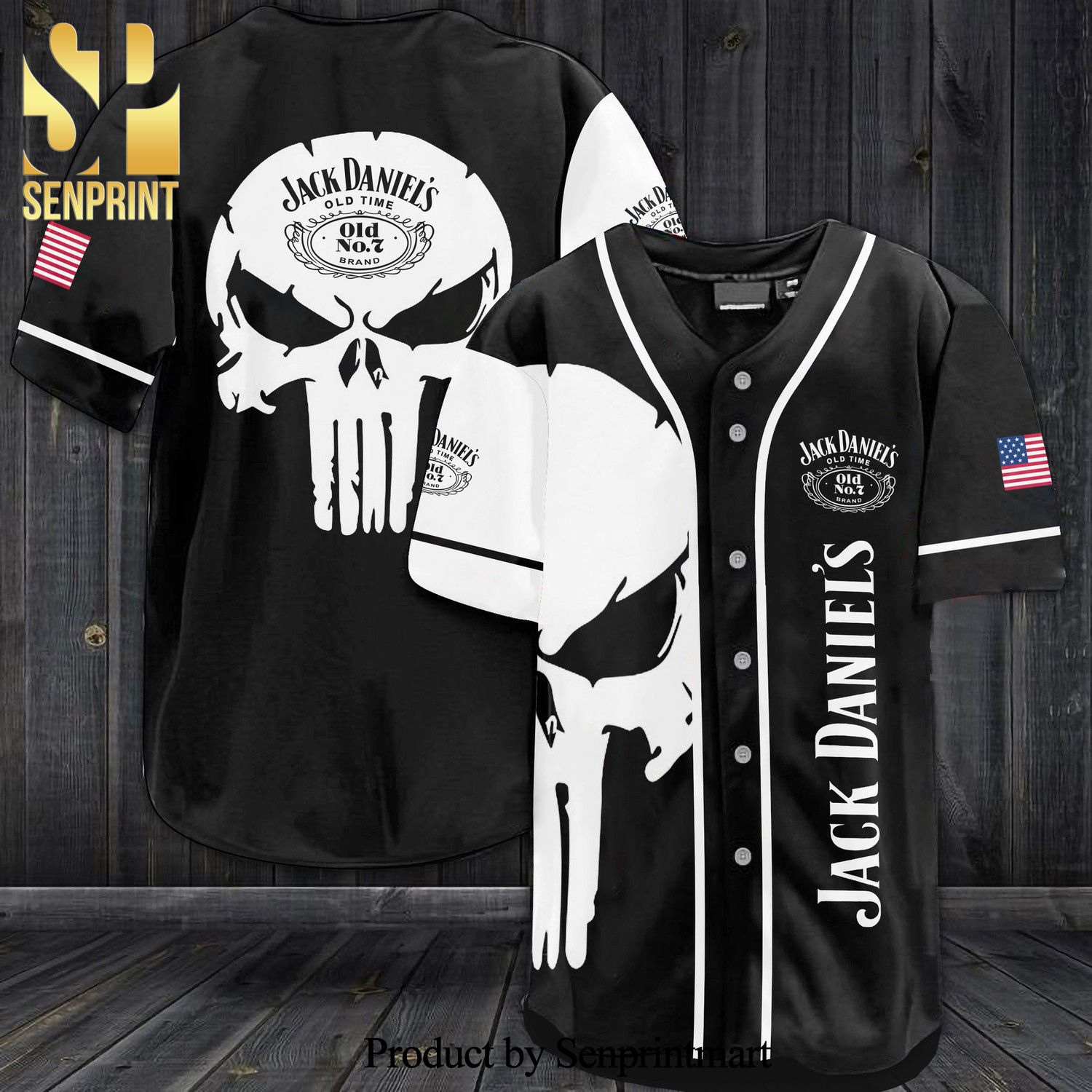 JD Old Time Skull Pattern Full Printing Unisex Baseball Jersey – Black