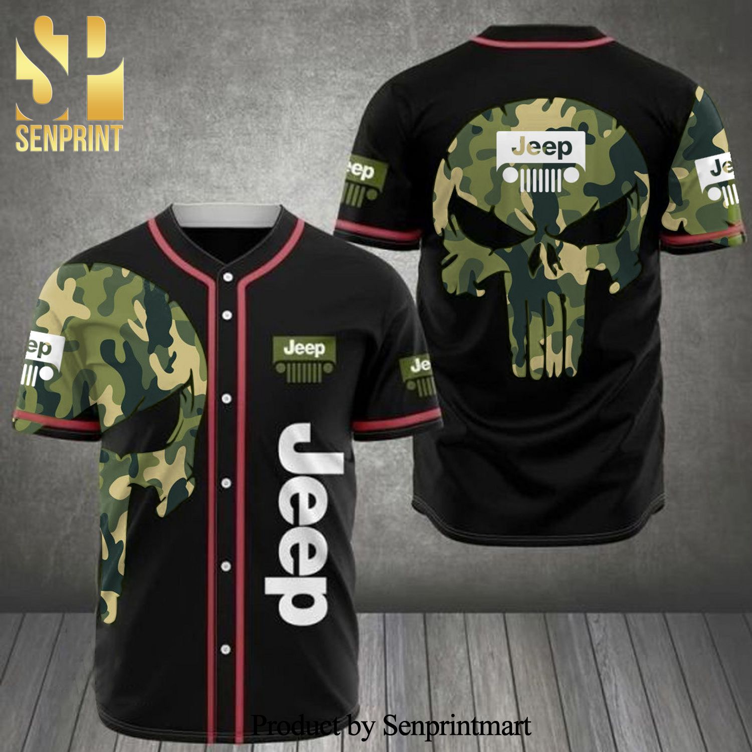 Jeep Skull Pattern All Over Print Camo Unisex Baseball Jersey – Black