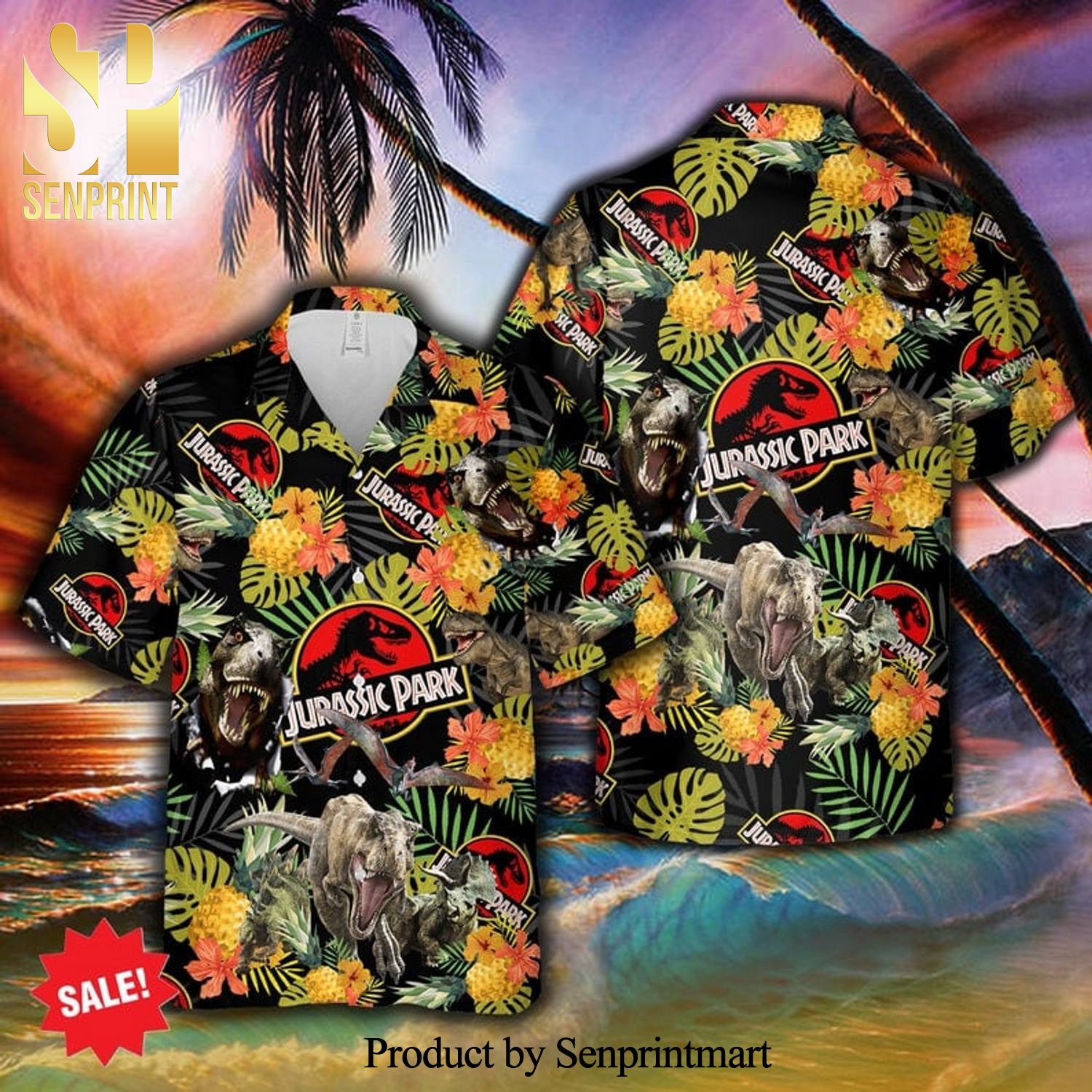 Jurasic Park Logo Dinosaur Full Printing Hawaiian Shirt – Black