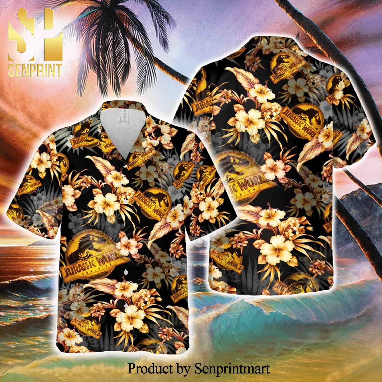 Jurasic World Logo Tropical Hibiscus Full Printing Hawaiian Shirt – Black