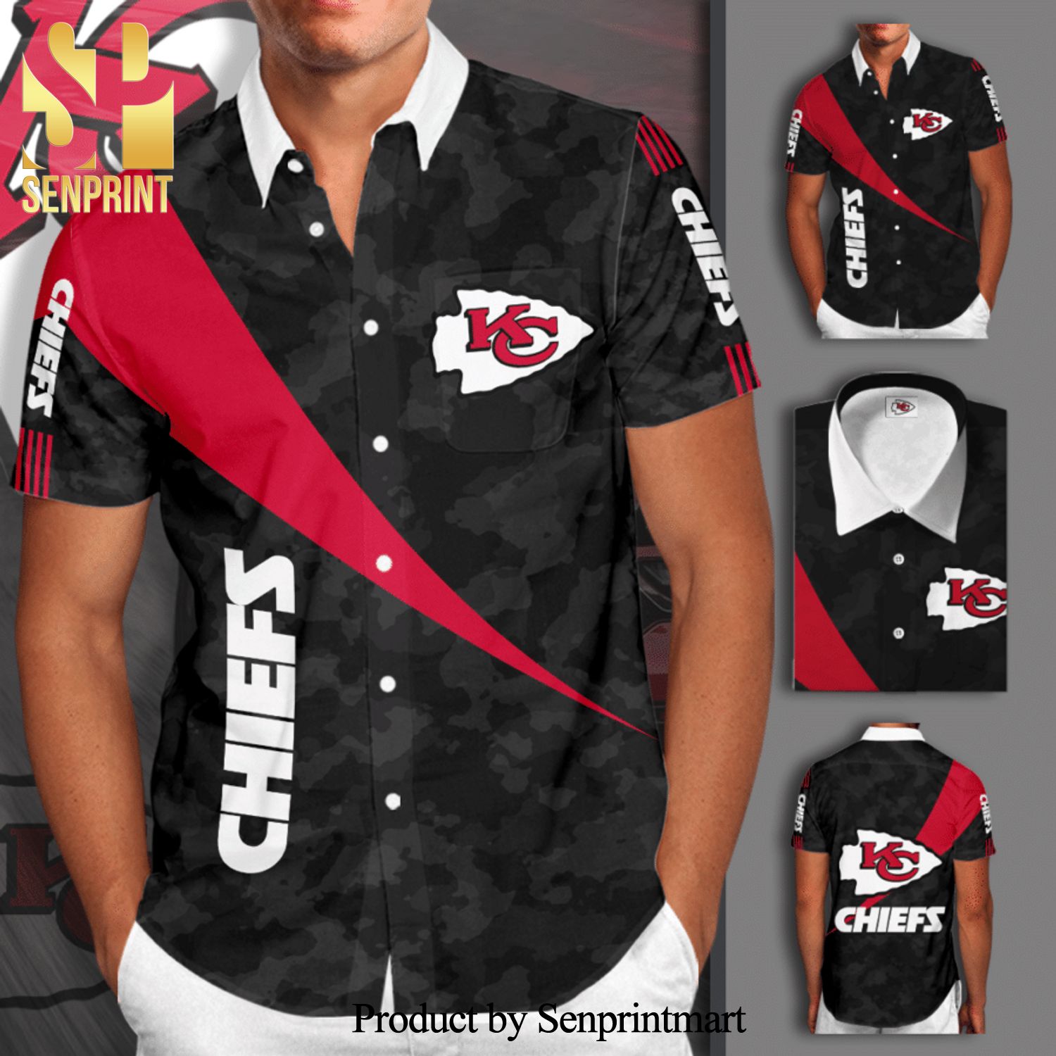 Kansas City Chiefs Full Printing Camo Short Sleeve Dress Shirt Hawaiian Summer Aloha Beach Shirt – Black