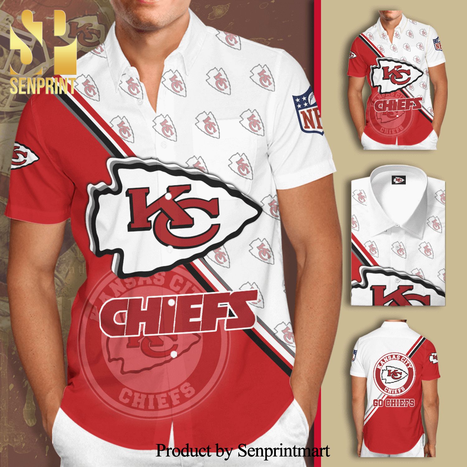 Kansas City Chiefs Logo Full Printing Short Sleeve Dress Shirt Hawaiian Summer Aloha Beach Shirt – Red White