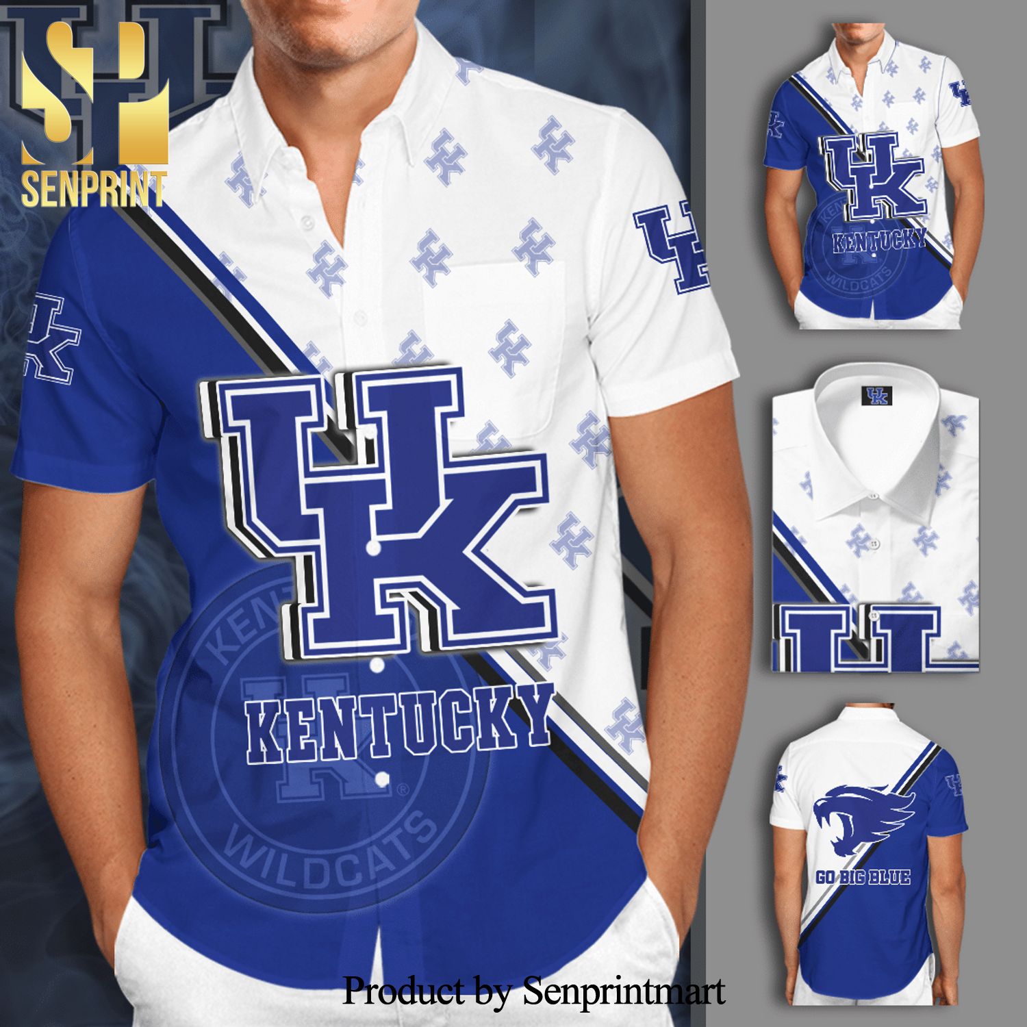 Kentucky Wildcats Full Printing Short Sleeve Dress Shirt Hawaiian Summer Aloha Beach Shirt – Neon Blue White