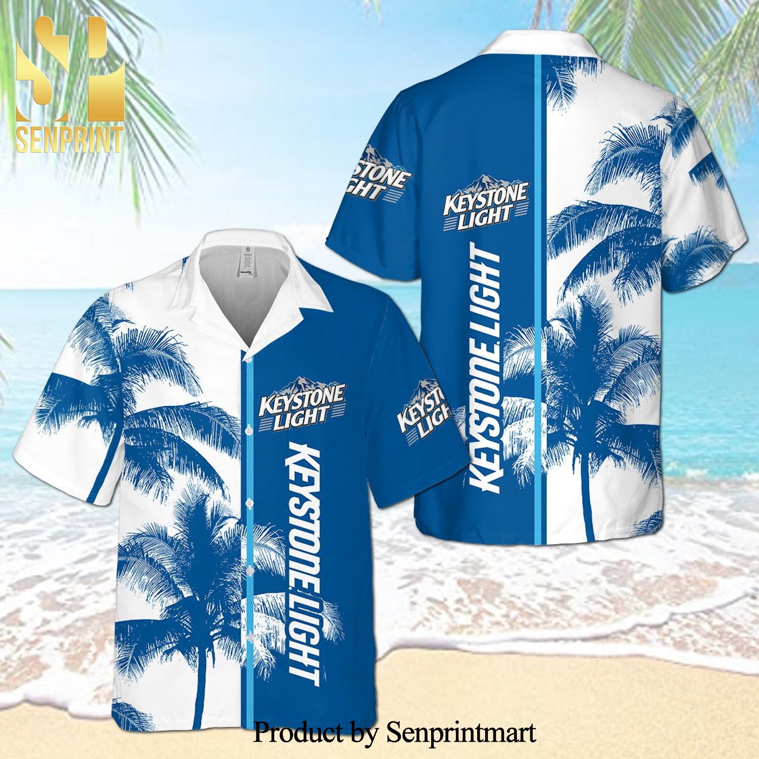 Keystone Light Tree Full Printing Aloha Summer Beach Hawaiian Shirt – White Blue