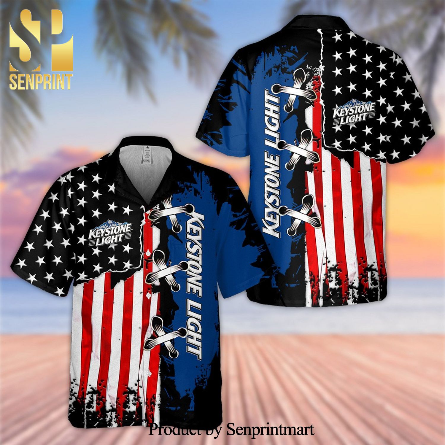 Keystone Light USA Flag Cross Stitch Full Printing Aloha Summer Beach Hawaiian Shirt – Black Blue