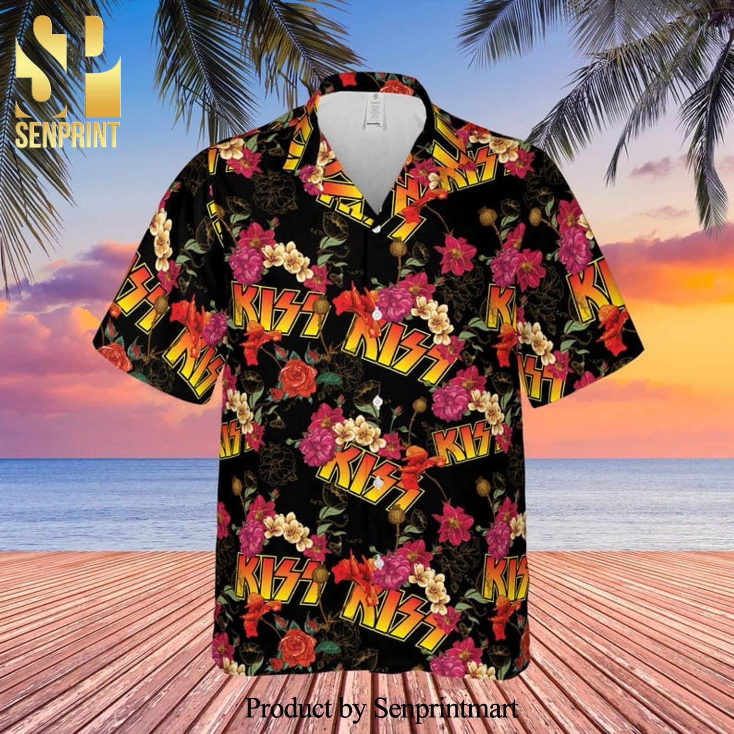 Kiss Rock Band And Floral Pattern Full Printing Hawaiian Shirt