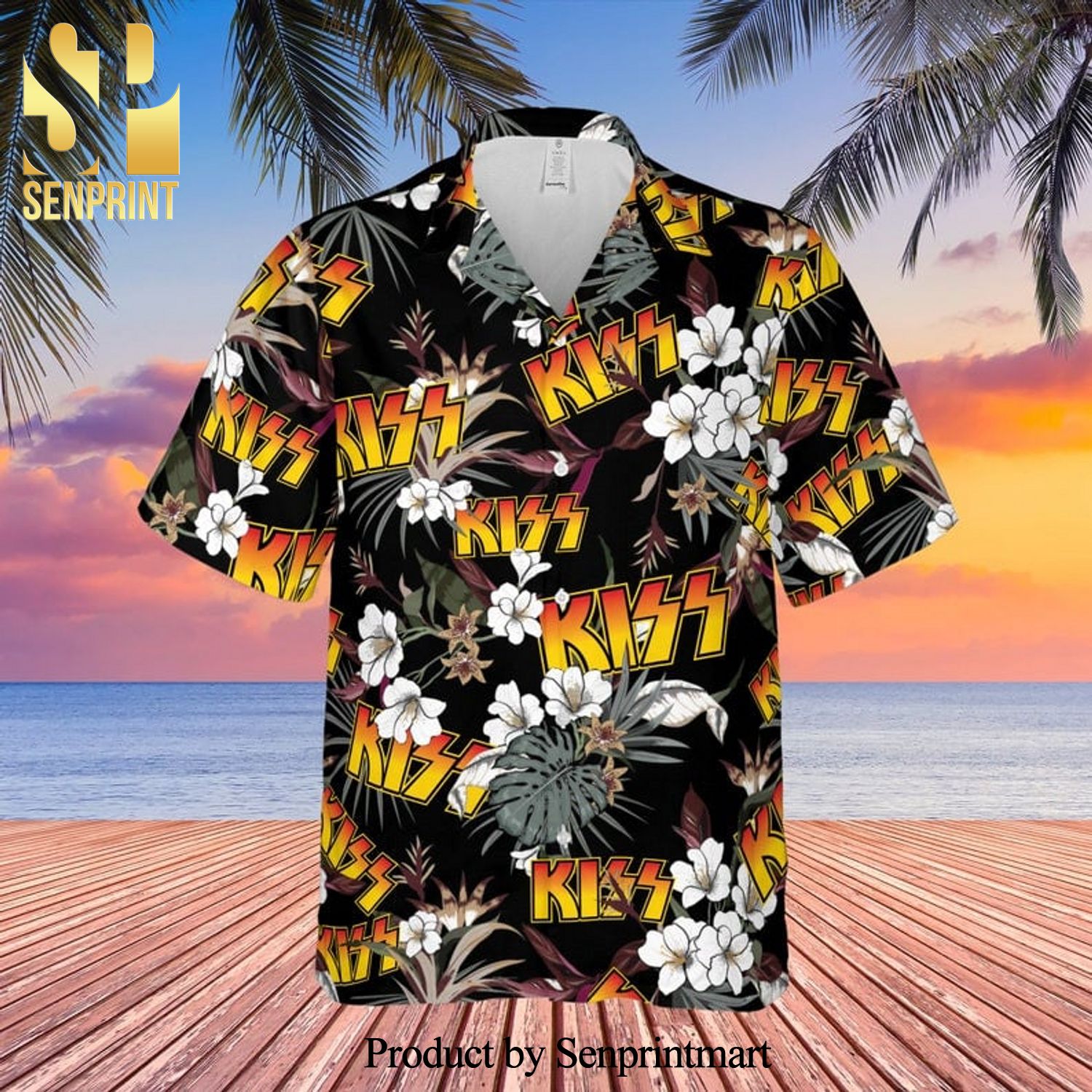 Kiss Rock Band And Tropical Forest Full Printing Hawaiian Shirt – Black