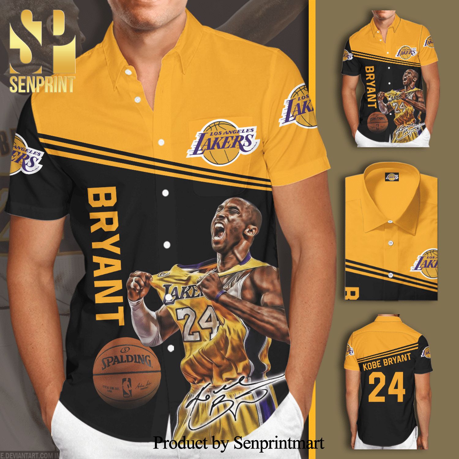 Kobe Bryant 24 Signature Los Angeles Lakers Full Printing Short Sleeve Dress Shirt Hawaiian Summer Aloha Beach Shirt – Black Yellow