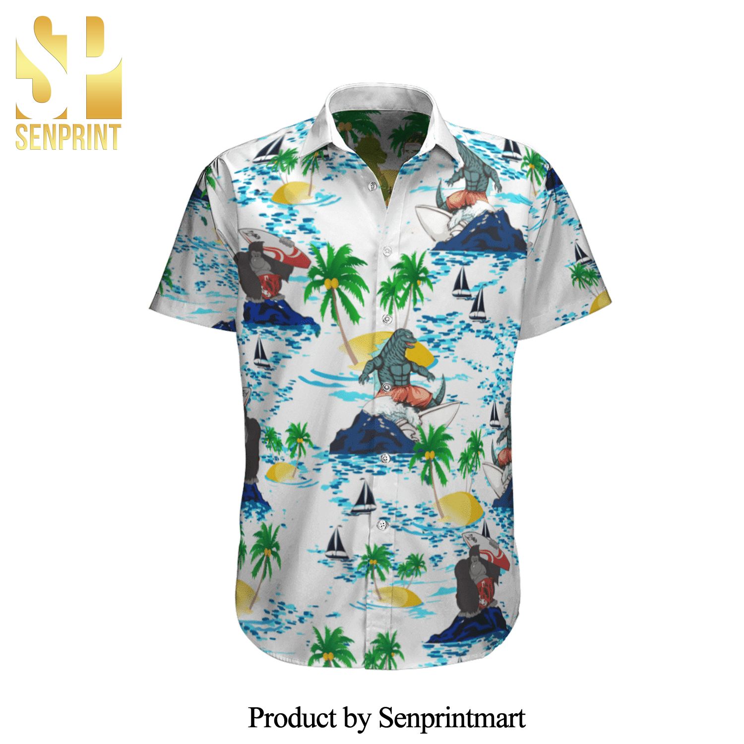 Kong vs Godzilla Cartoon Graphics Palm Tree Full Printing Hawaiian Shirt – White