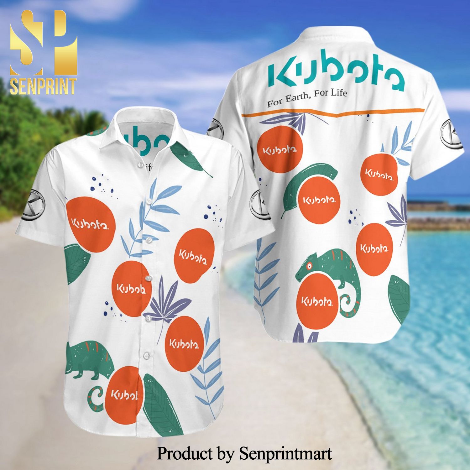 Kubota For Earth For Life Full Printing Summer Short Sleeve Hawaiian Beach Shirt – White