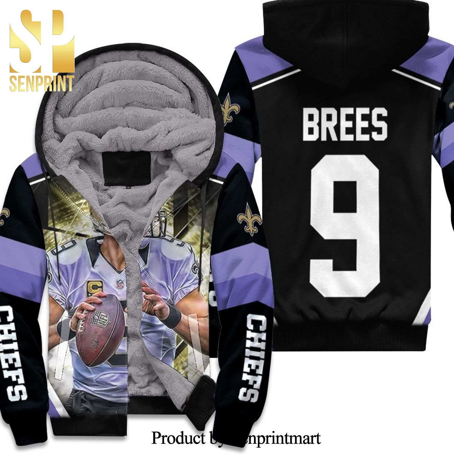 Drew Brees 9 New Orleans Saints Purple Full Printed Unisex Fleece Hoodie